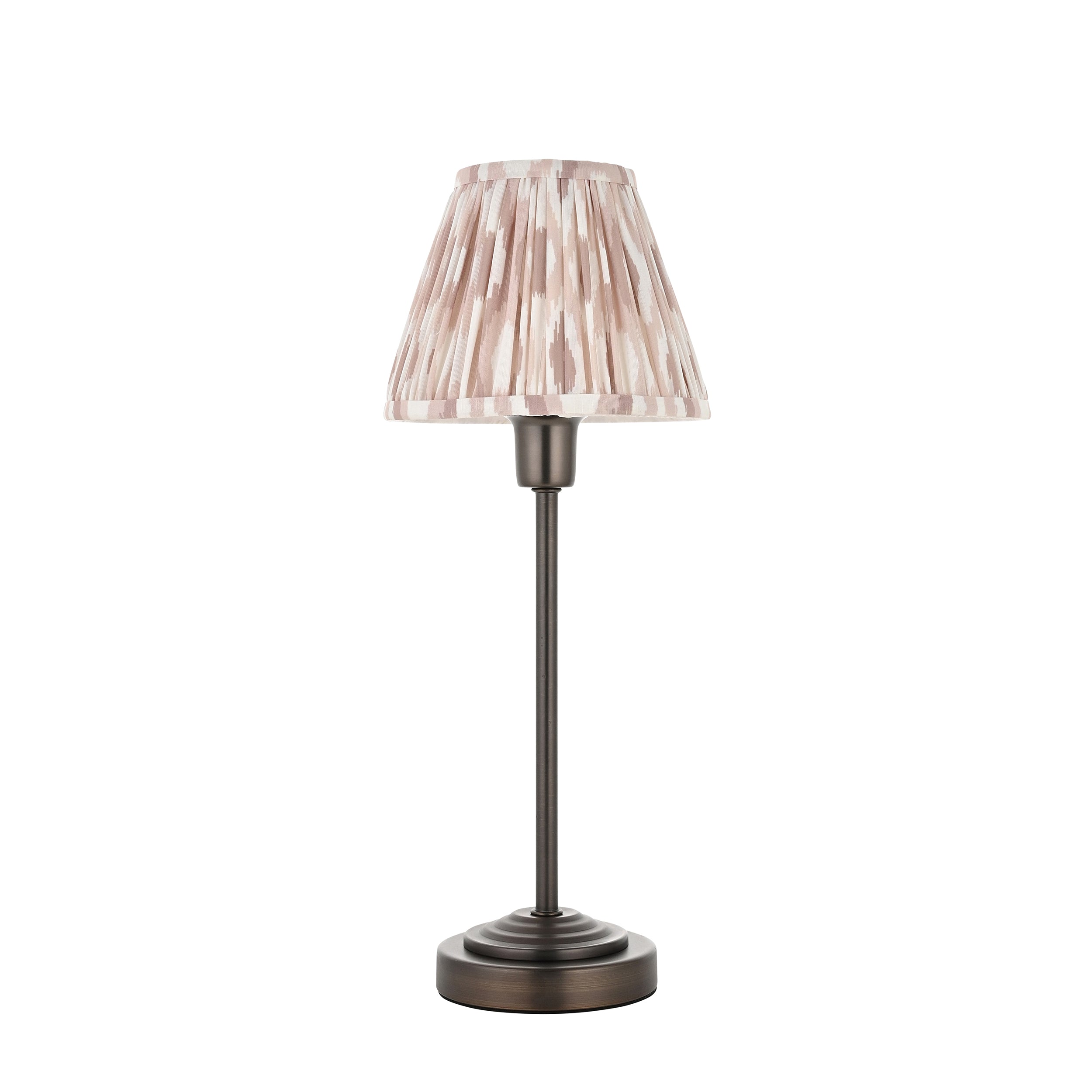 Endon Rise & Ikat 16cm Table Lamp - Antique Bronze Plate & Neutral Print Fabric