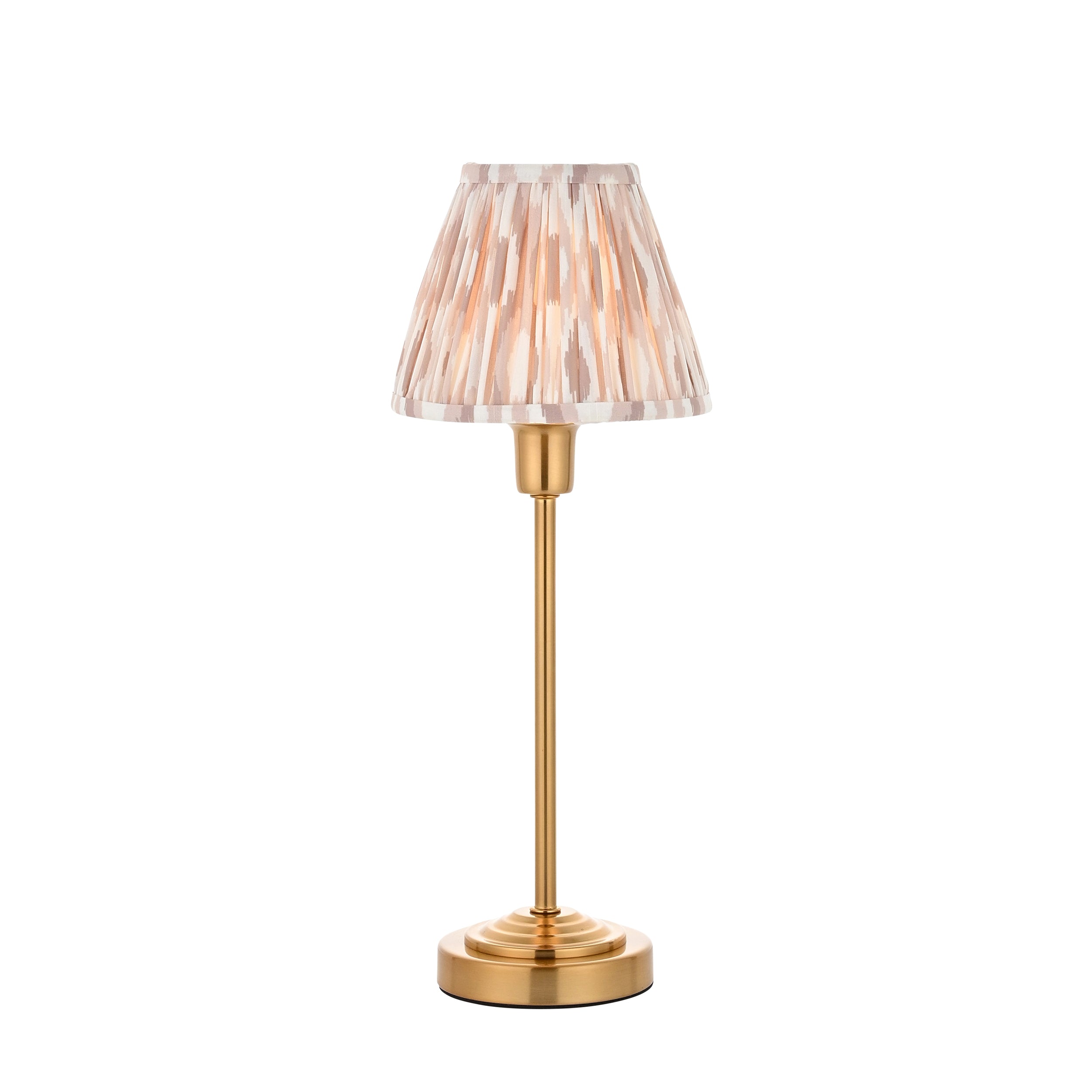 Endon Rise & Ikat 16cm Table Lamp - Vintage Brass Finish & Neutral Print Fabric