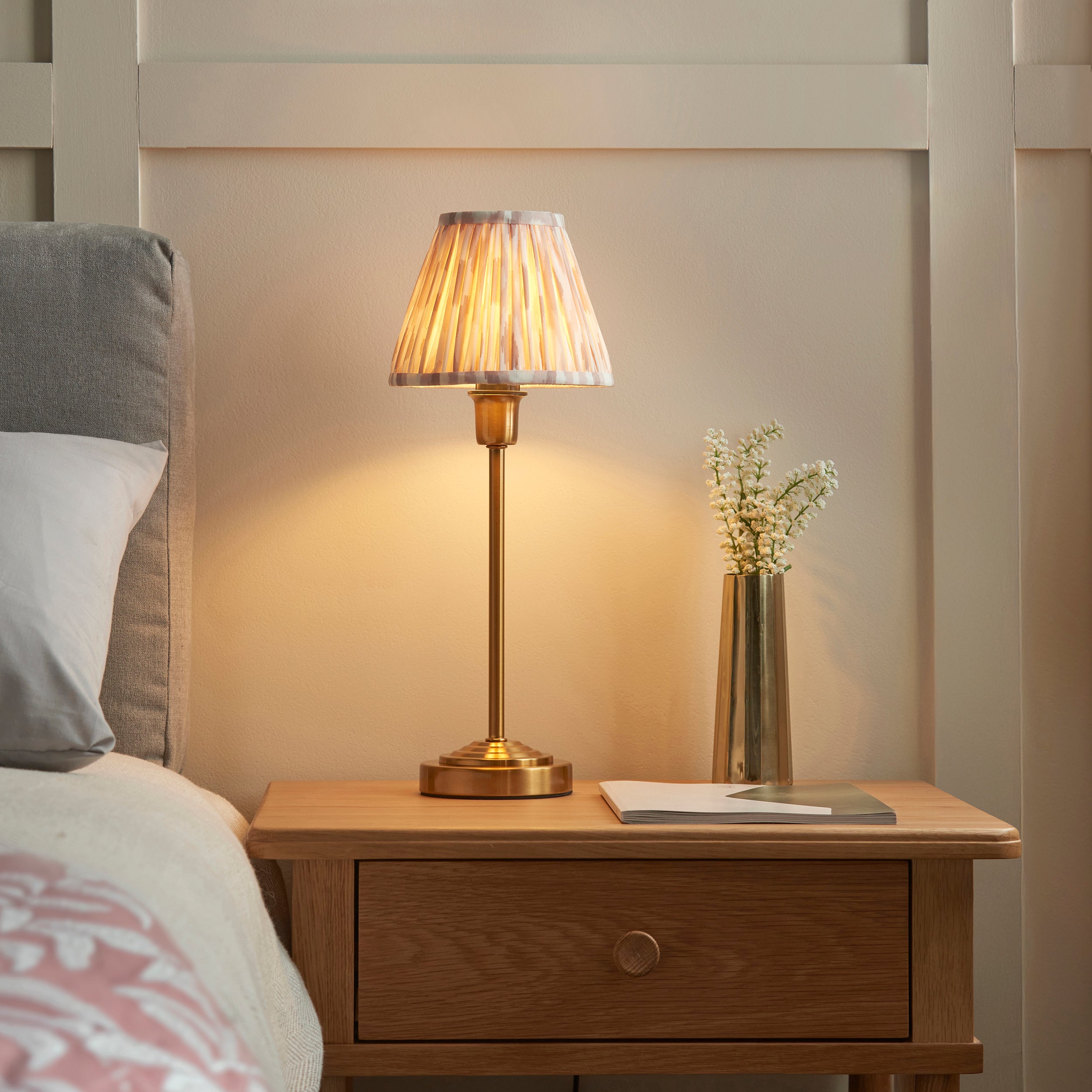 Endon Rise & Ikat 16cm Table Lamp - Vintage Brass Finish & Neutral Print Fabric