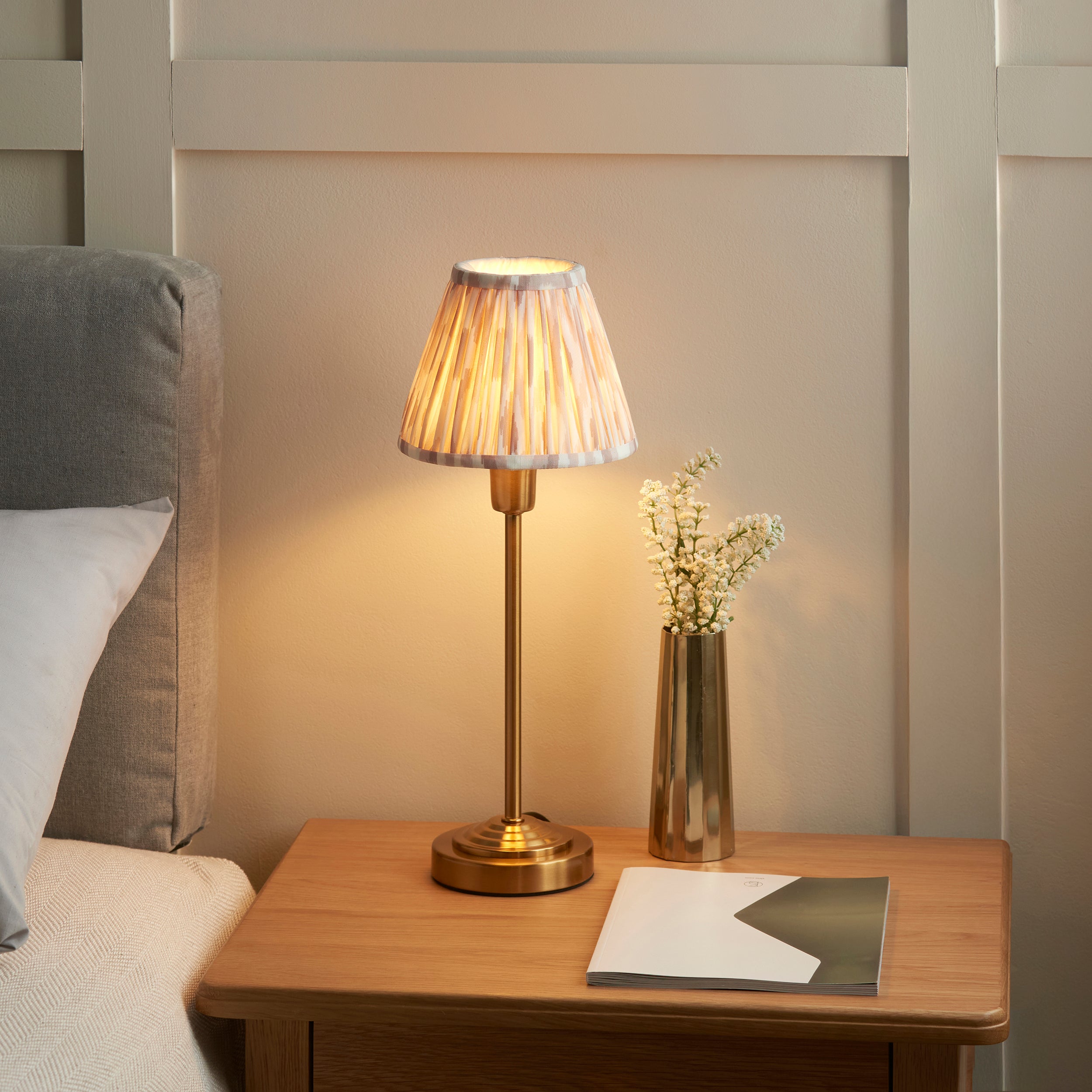 Endon Rise & Ikat 16cm Table Lamp - Vintage Brass Finish & Neutral Print Fabric