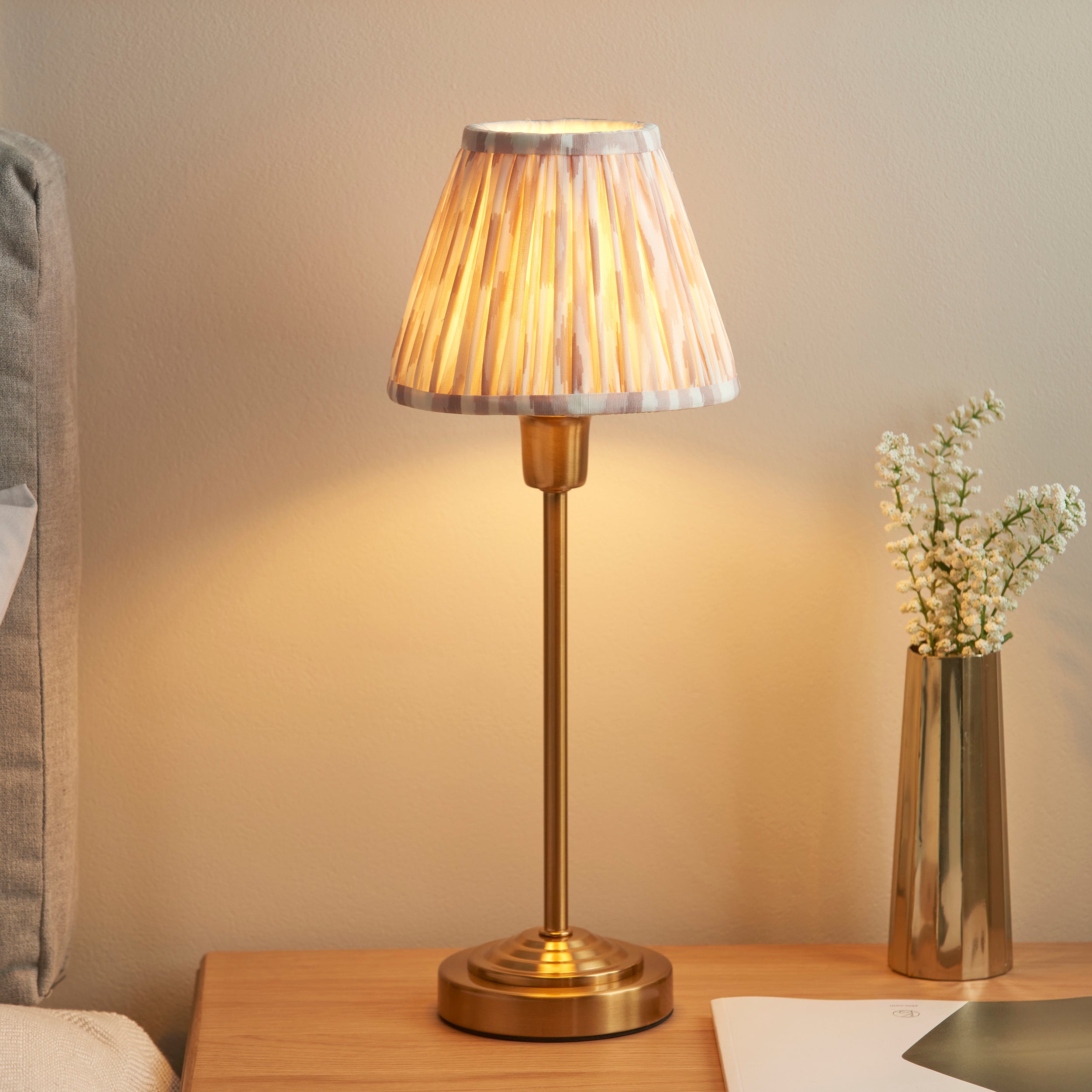 Endon Rise & Ikat 16cm Table Lamp - Vintage Brass Finish & Neutral Print Fabric