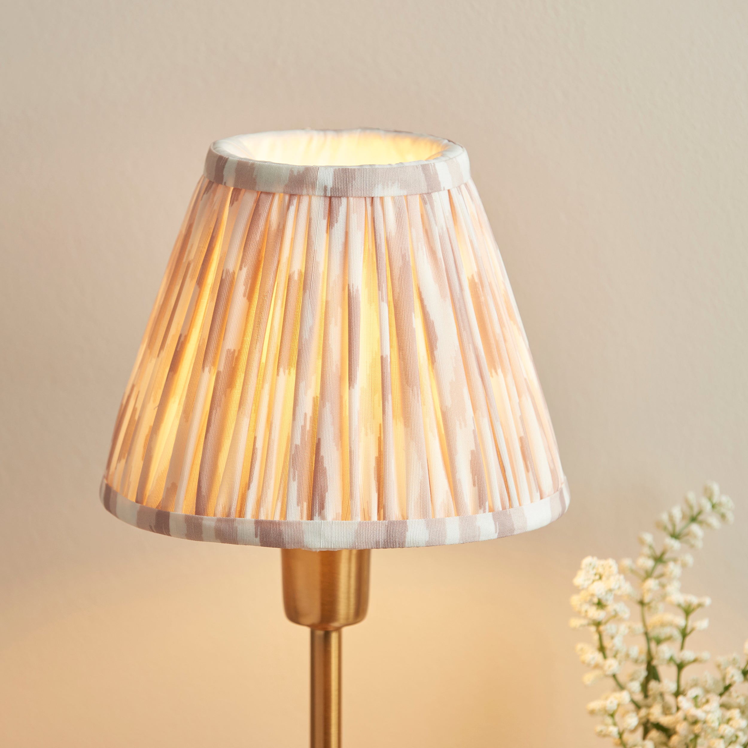 Endon Rise & Ikat 16cm Table Lamp - Vintage Brass Finish & Neutral Print Fabric