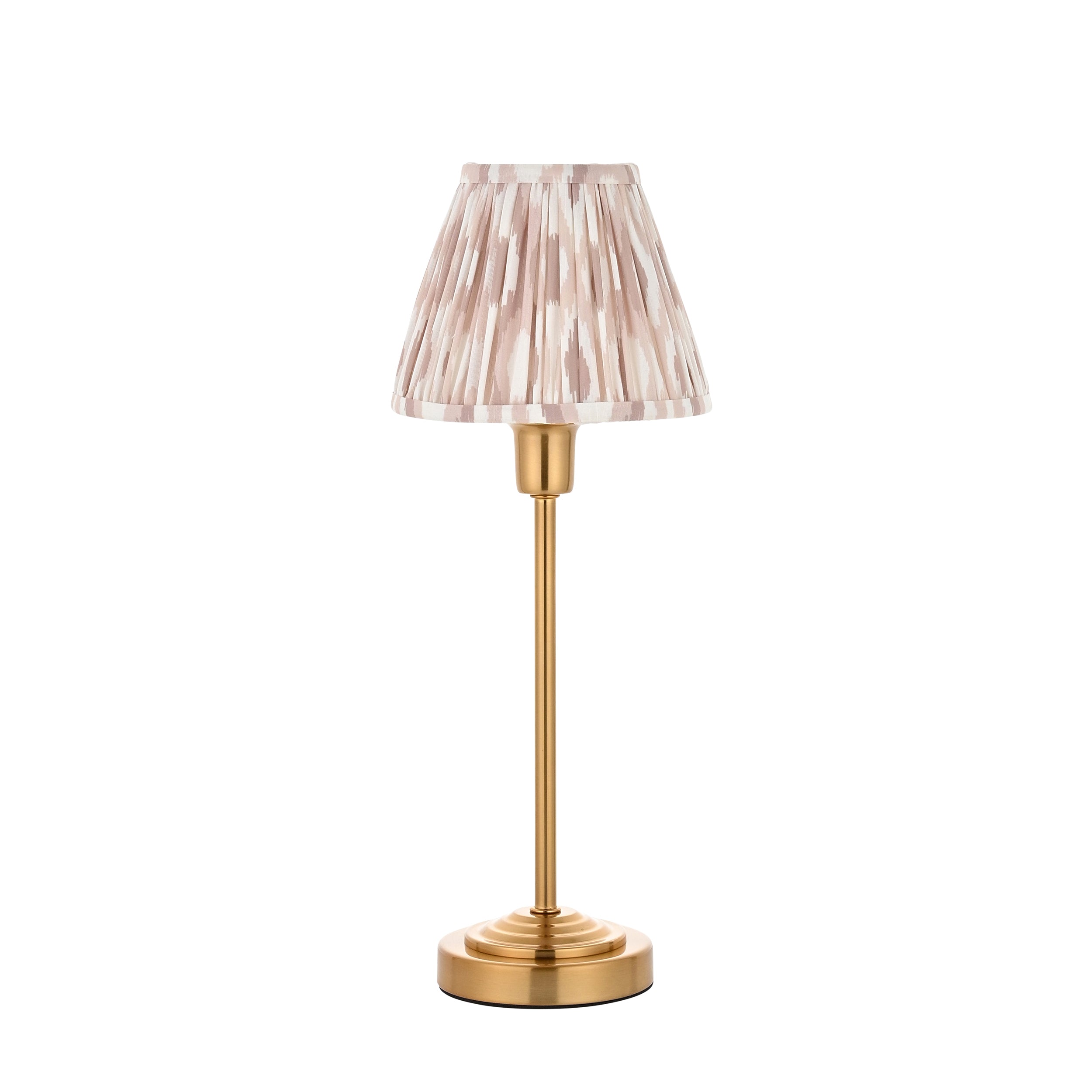 Endon Rise & Ikat 16cm Table Lamp - Vintage Brass Finish & Neutral Print Fabric