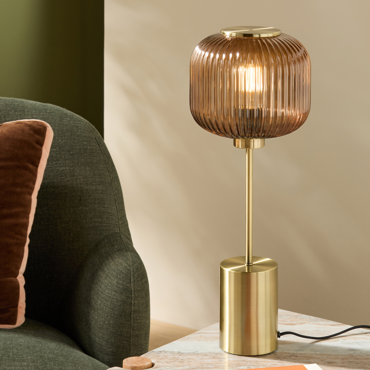 MADE.COM Briz Large Table Lamp in Brushed Brass with Ribbed Amber Glass Shade