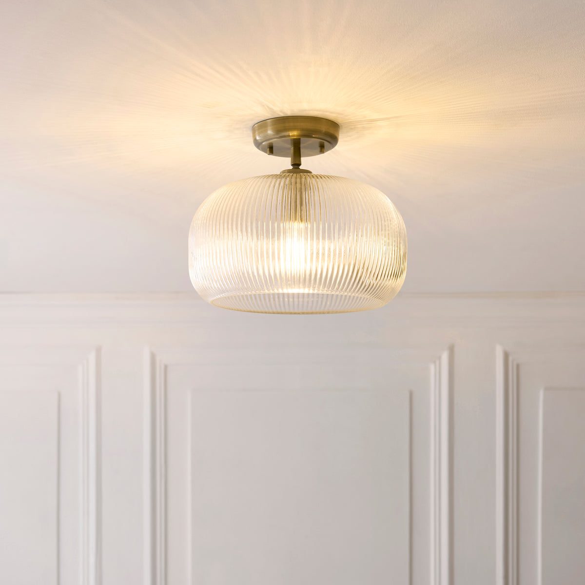 Endon Harborne Flush - Antique Brass Plate & Clear Ribbed Glass