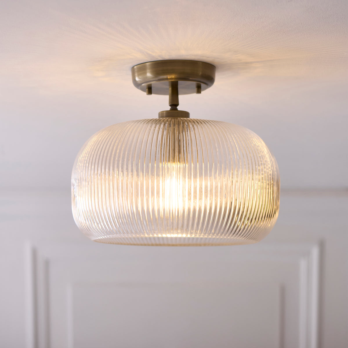 Endon Harborne Flush - Antique Brass Plate & Clear Ribbed Glass