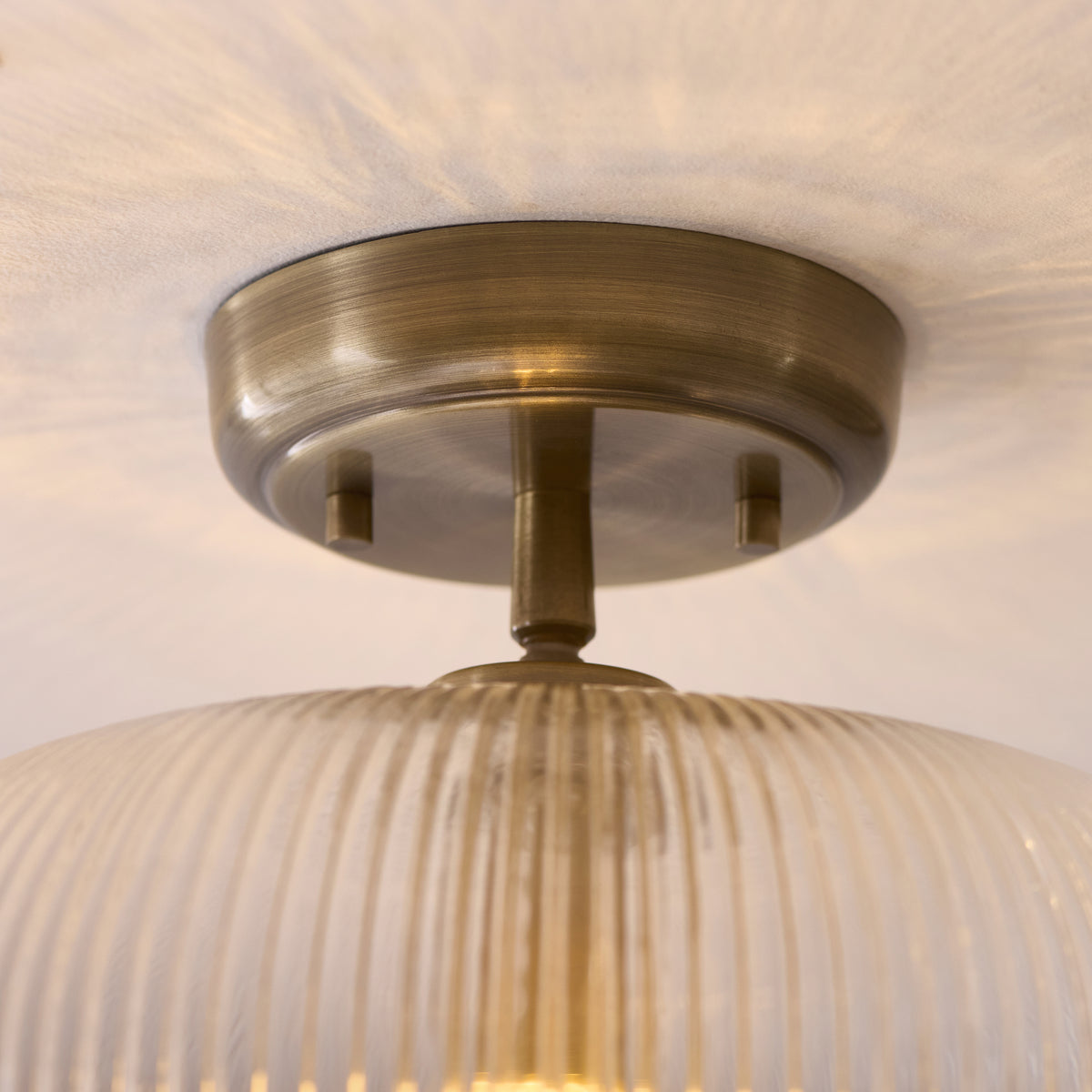 Endon Harborne Flush - Antique Brass Plate & Clear Ribbed Glass