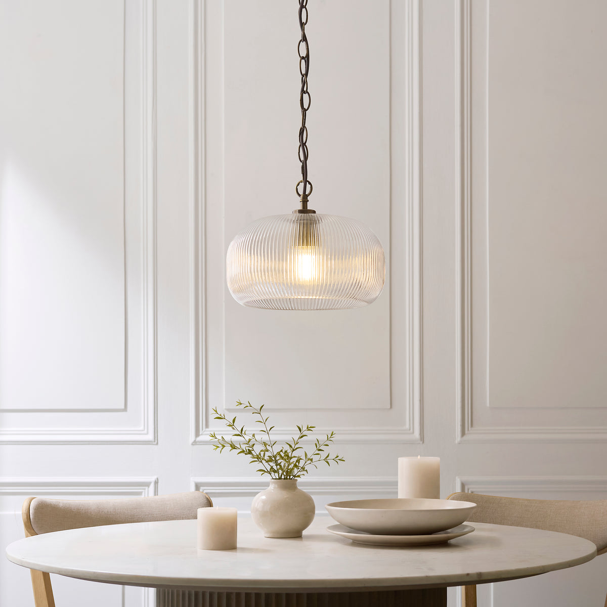 Endon Harborne Pendant - Antique Brass Plate & Clear Ribbed Glass