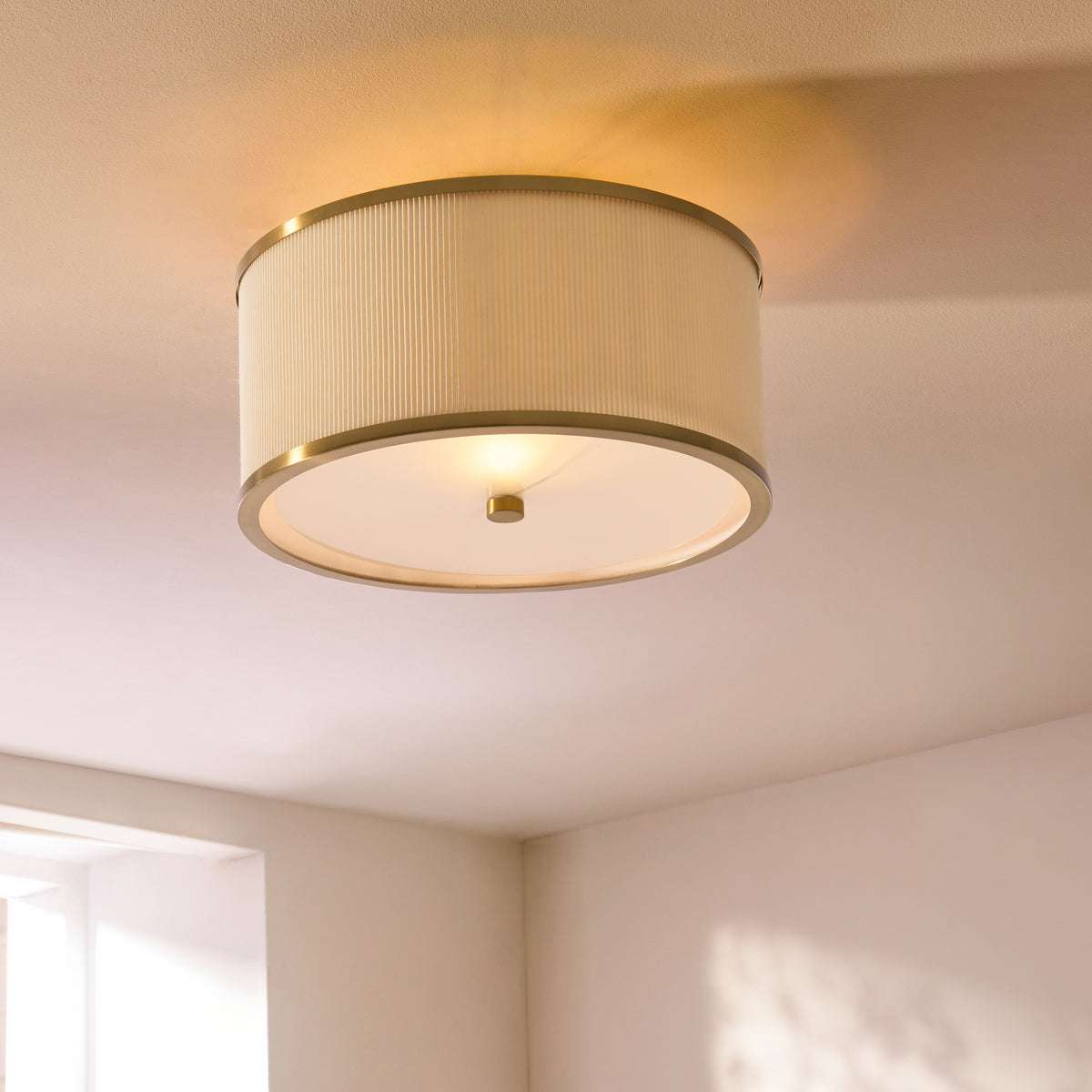 Endon Lexi Flush - Ivory Fabric, Brushed Aged Brass & Frosted Glass