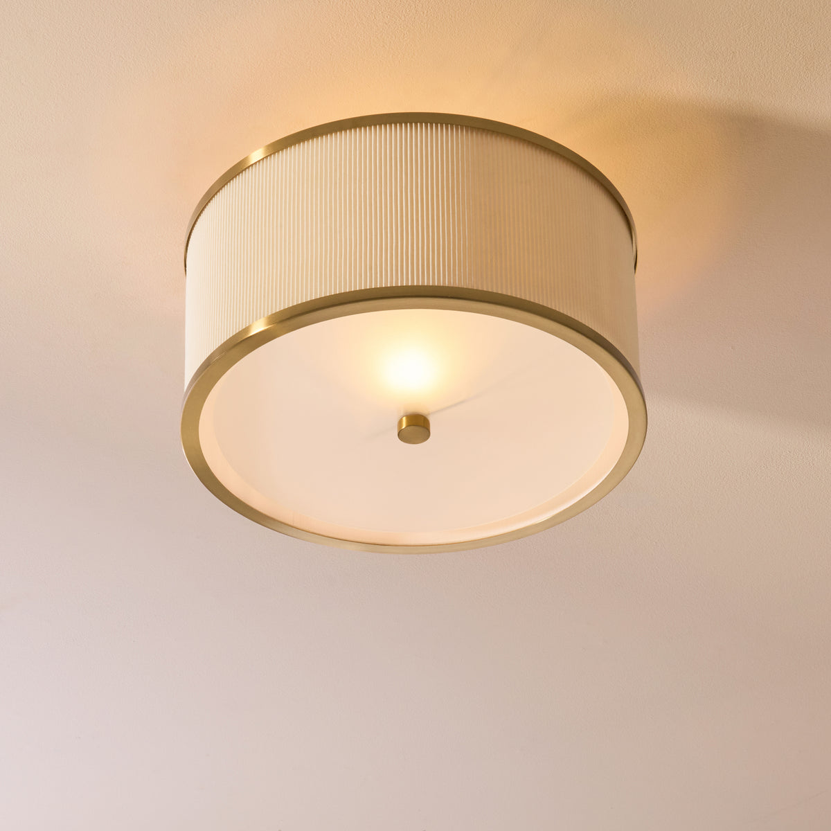 Endon Lexi Flush - Ivory Fabric, Brushed Aged Brass & Frosted Glass