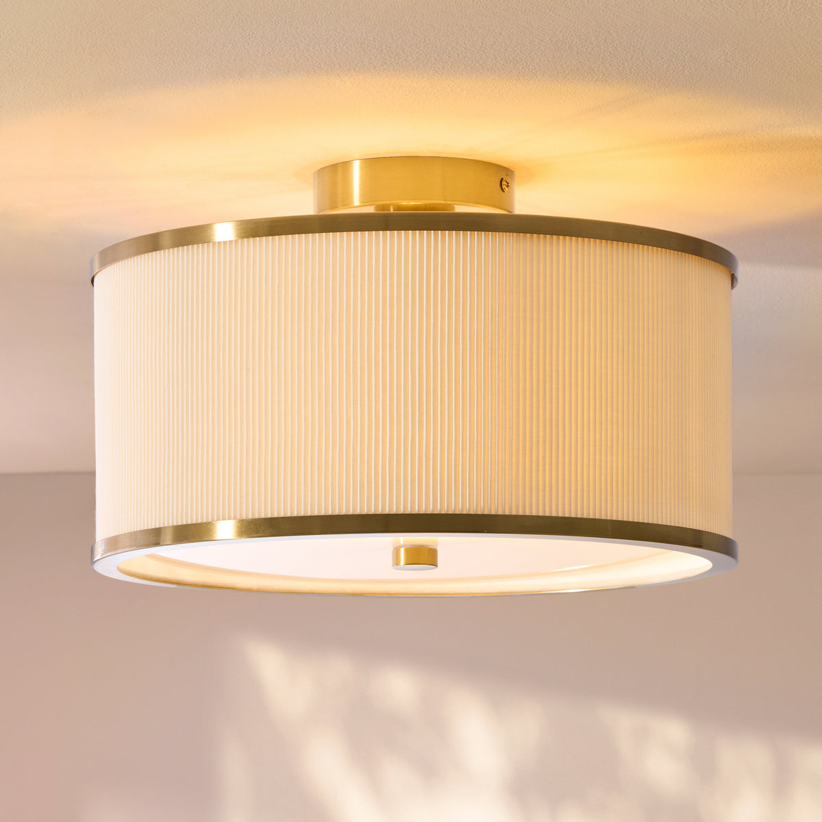 Endon Lexi Flush - Ivory Fabric, Brushed Aged Brass & Frosted Glass