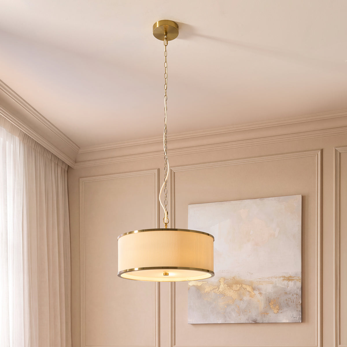 Endon Lexi 3 Light Pendant - Ivory Fabric, Brushed Aged Brass & Frosted Glass