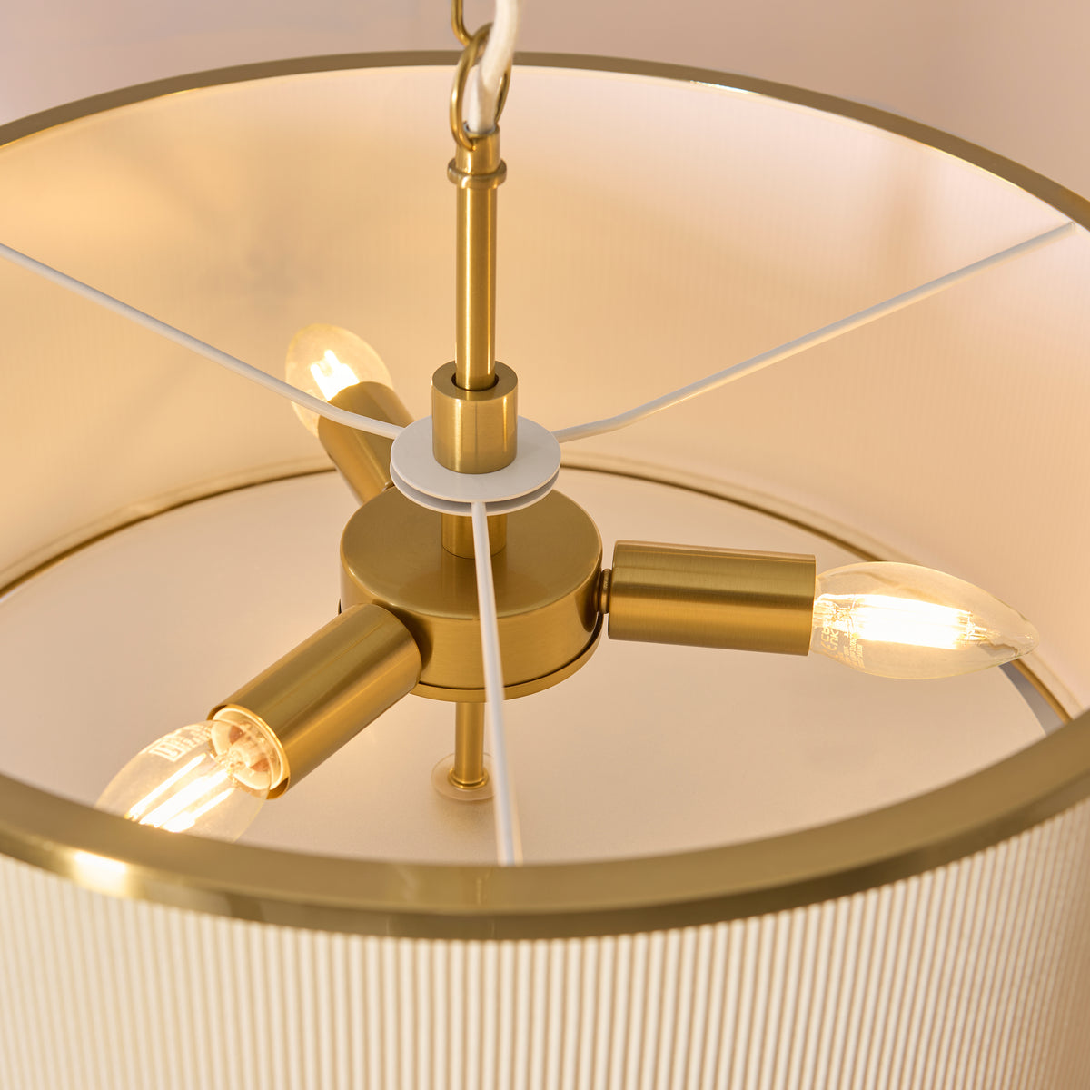 Endon Lexi 3 Light Pendant - Ivory Fabric, Brushed Aged Brass & Frosted Glass