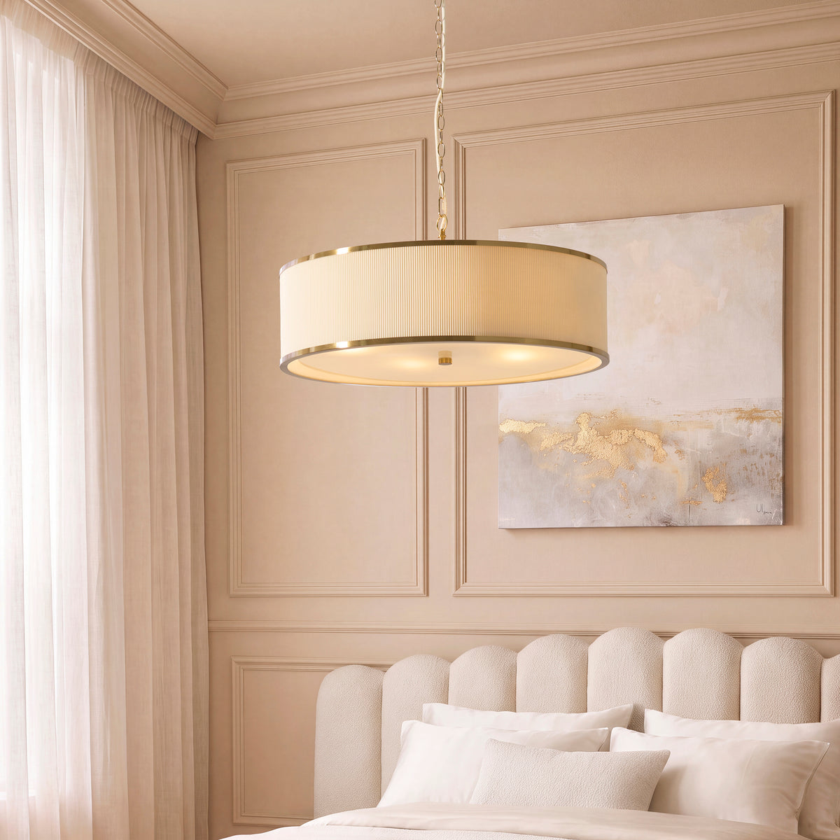 Endon Lexi 5 Light Pendant - Ivory Fabric, Brushed Aged Brass & Frosted Glass