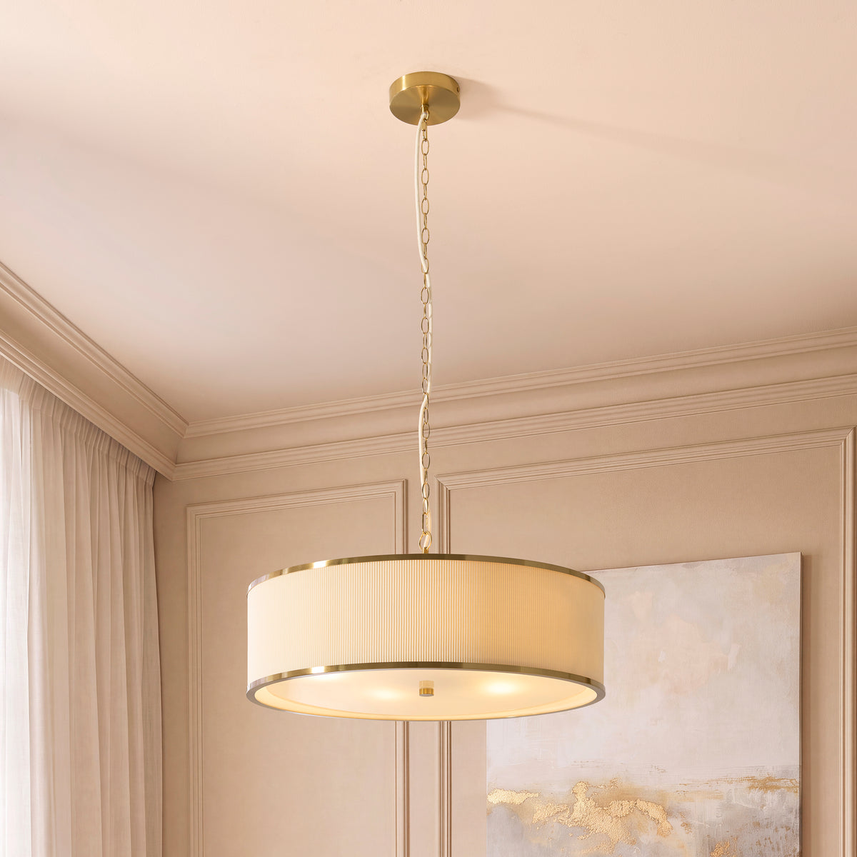 Endon Lexi 5 Light Pendant - Ivory Fabric, Brushed Aged Brass & Frosted Glass