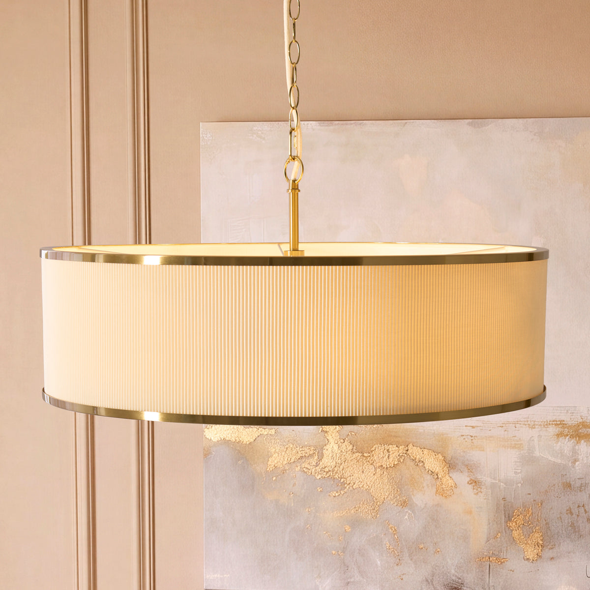 Endon Lexi 5 Light Pendant - Ivory Fabric, Brushed Aged Brass & Frosted Glass