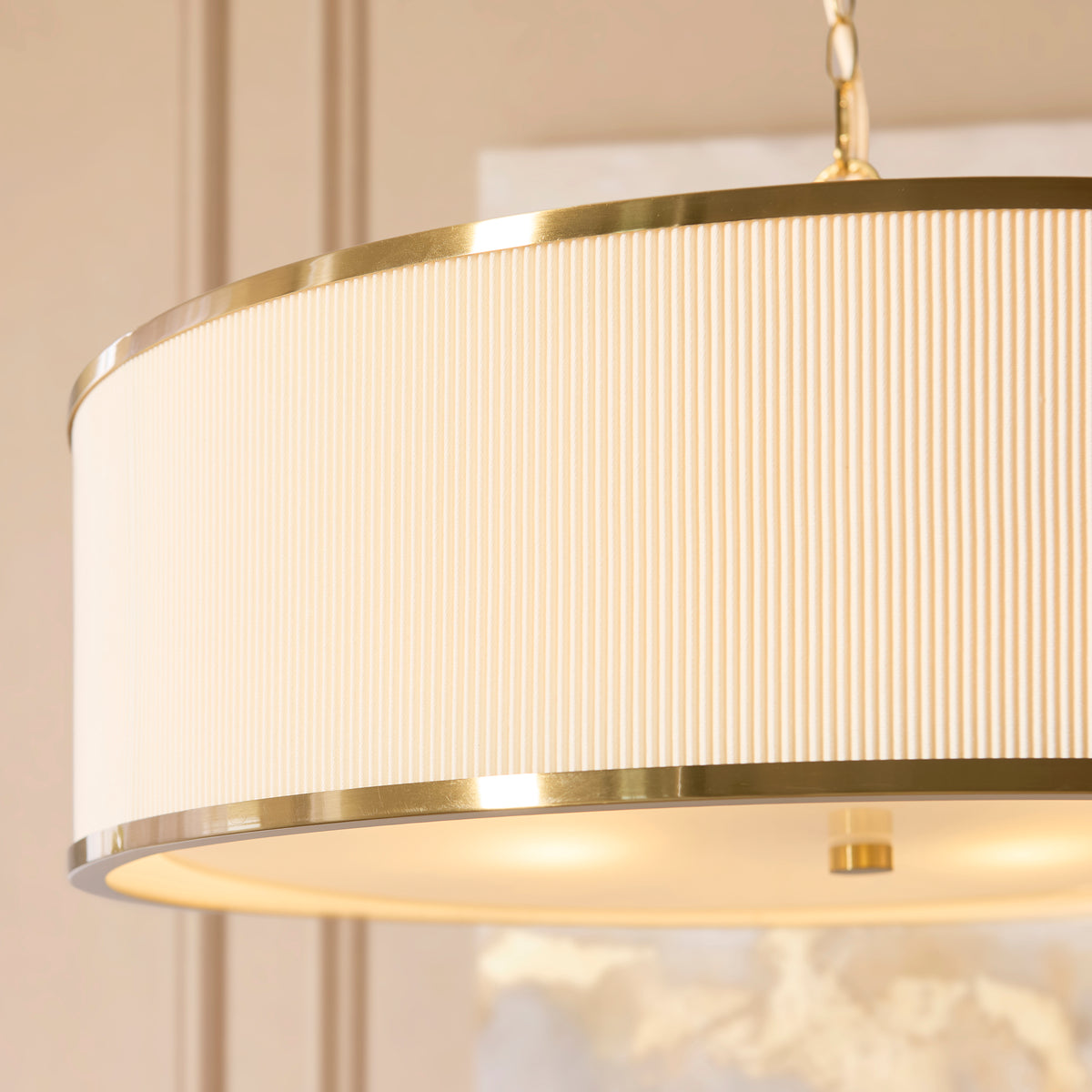 Endon Lexi 5 Light Pendant - Ivory Fabric, Brushed Aged Brass & Frosted Glass