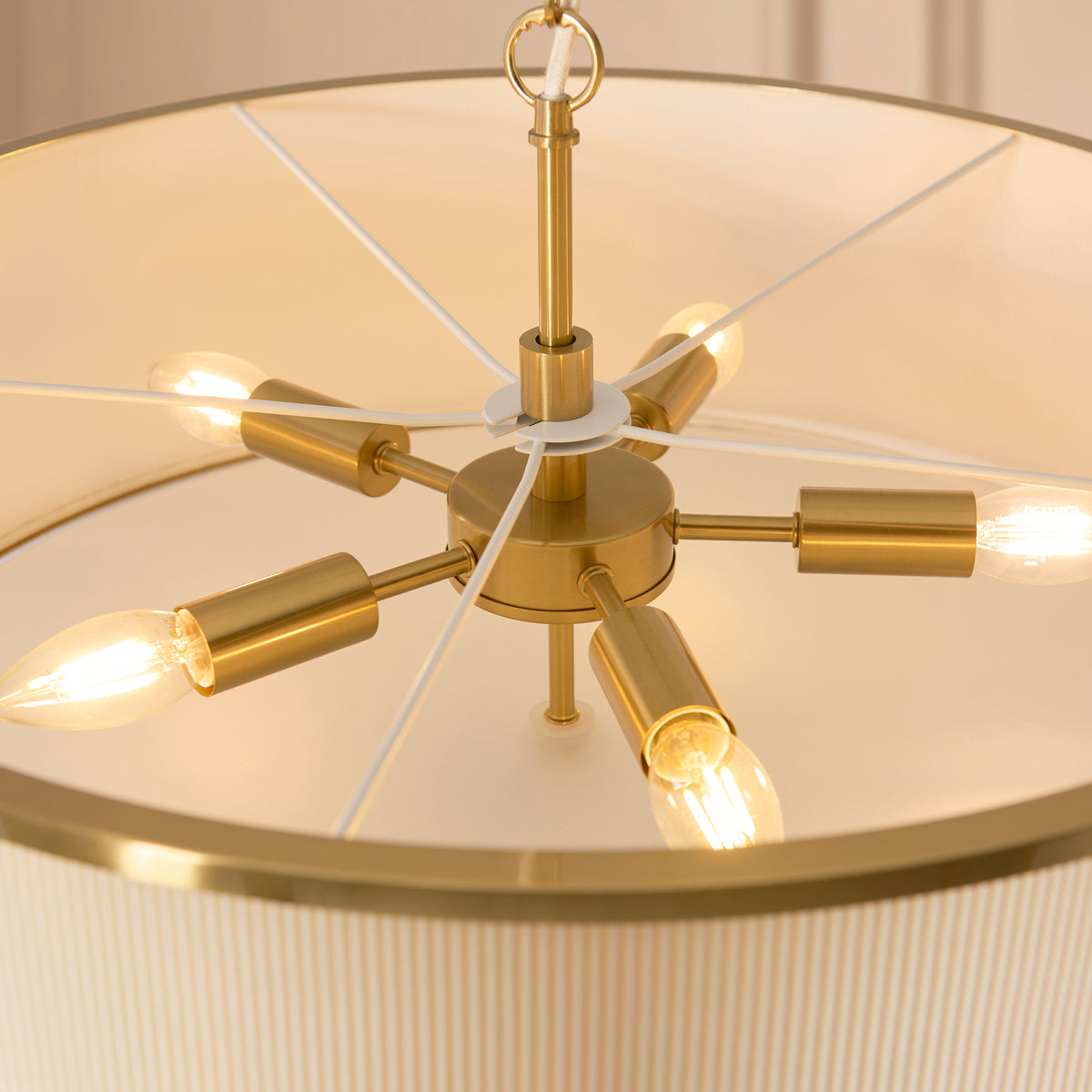 Endon Lexi 5 Light Pendant - Ivory Fabric, Brushed Aged Brass & Frosted Glass