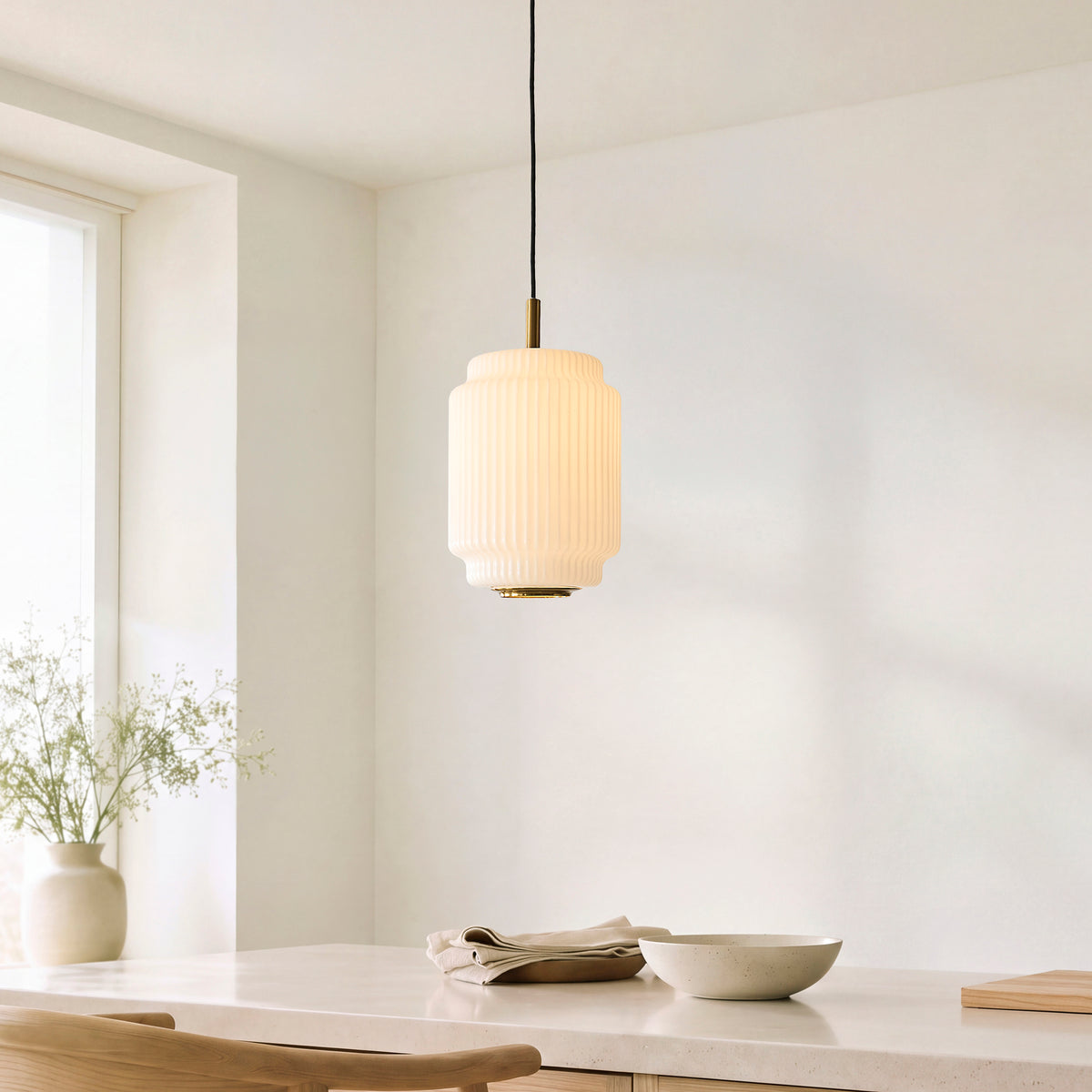 Endon Evora 22cm Pendant - Brushed Aged Brass Plate & Opal Ribbed Glass