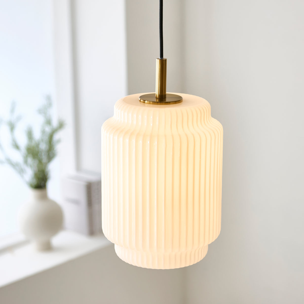 Endon Evora 22cm Pendant - Brushed Aged Brass Plate & Opal Ribbed Glass