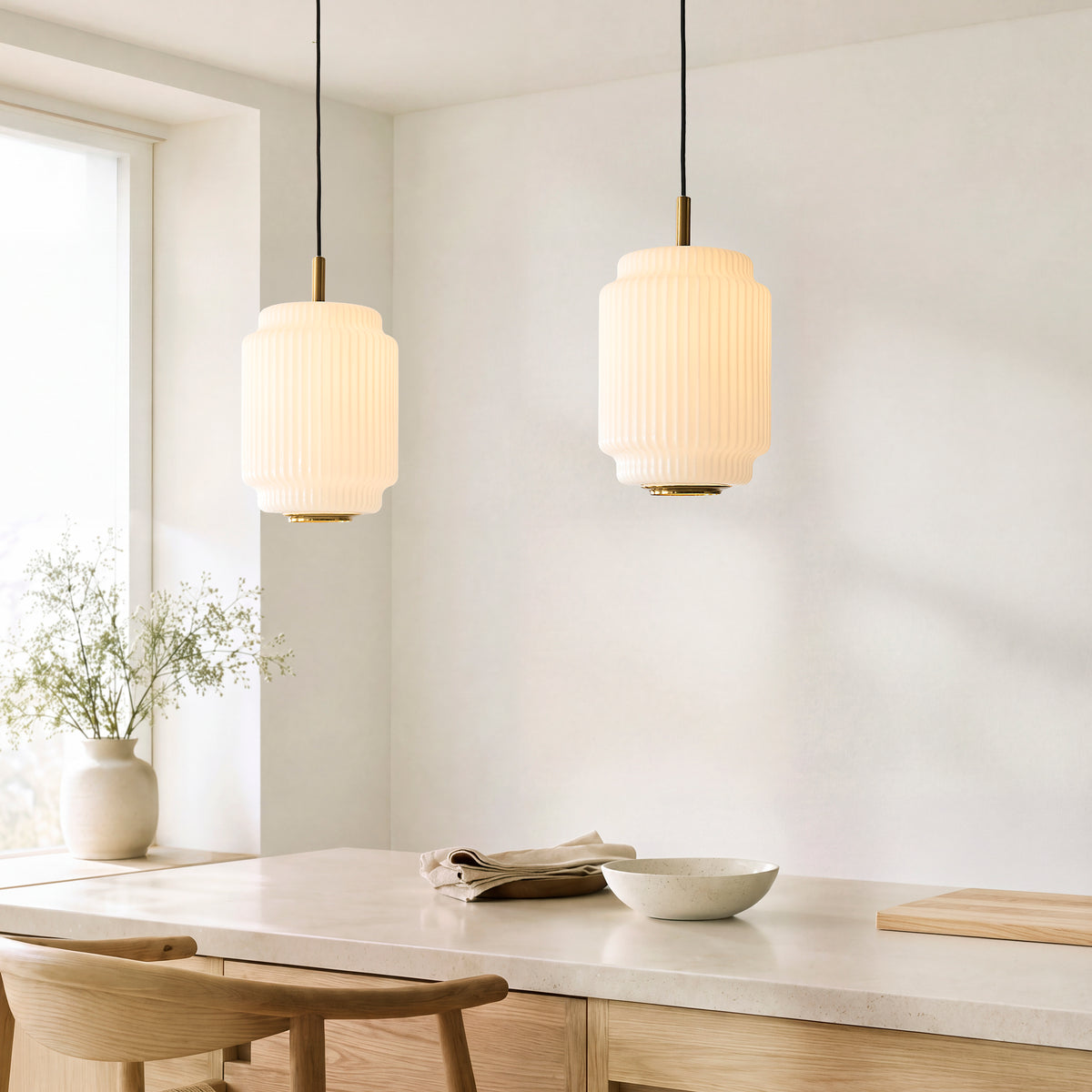 Endon Evora 22cm Pendant - Brushed Aged Brass Plate & Opal Ribbed Glass