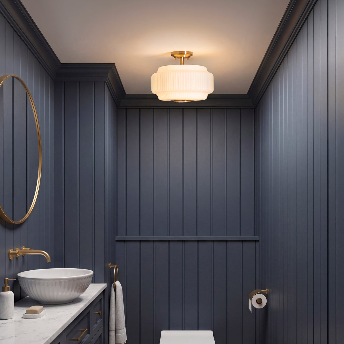 Endon Evora Flush - Brushed Aged Brass Plate & Opal Ribbed Glass