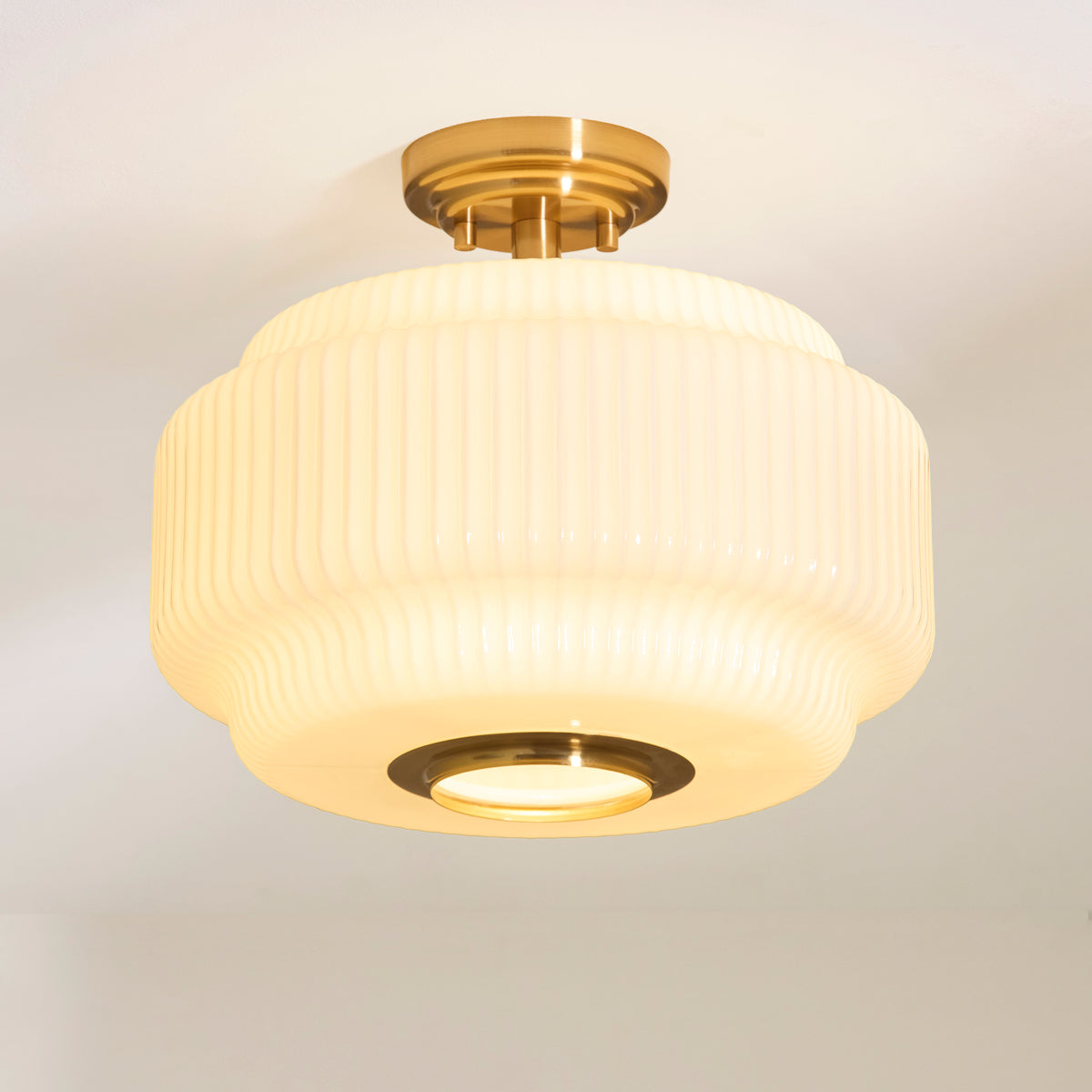 Endon Evora Flush - Brushed Aged Brass Plate & Opal Ribbed Glass
