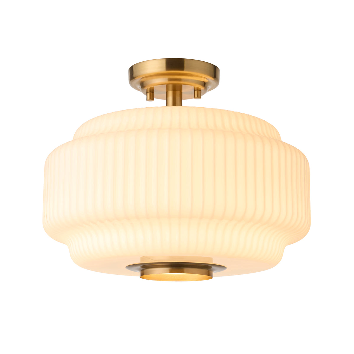 Endon Evora Flush - Brushed Aged Brass Plate & Opal Ribbed Glass