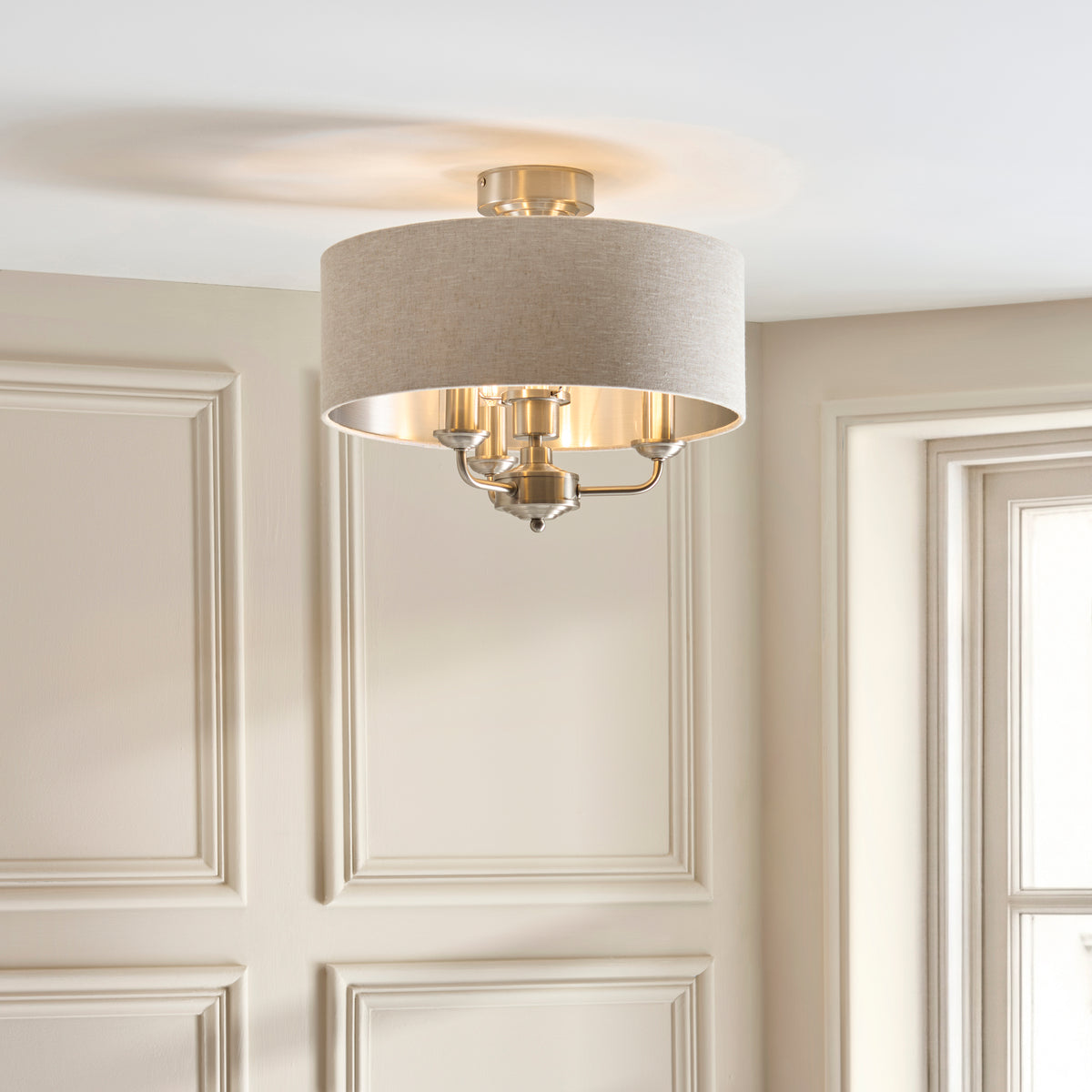Endon Highclere 3 Light Flush - Brushed Chrome Plate & Natural Fabric