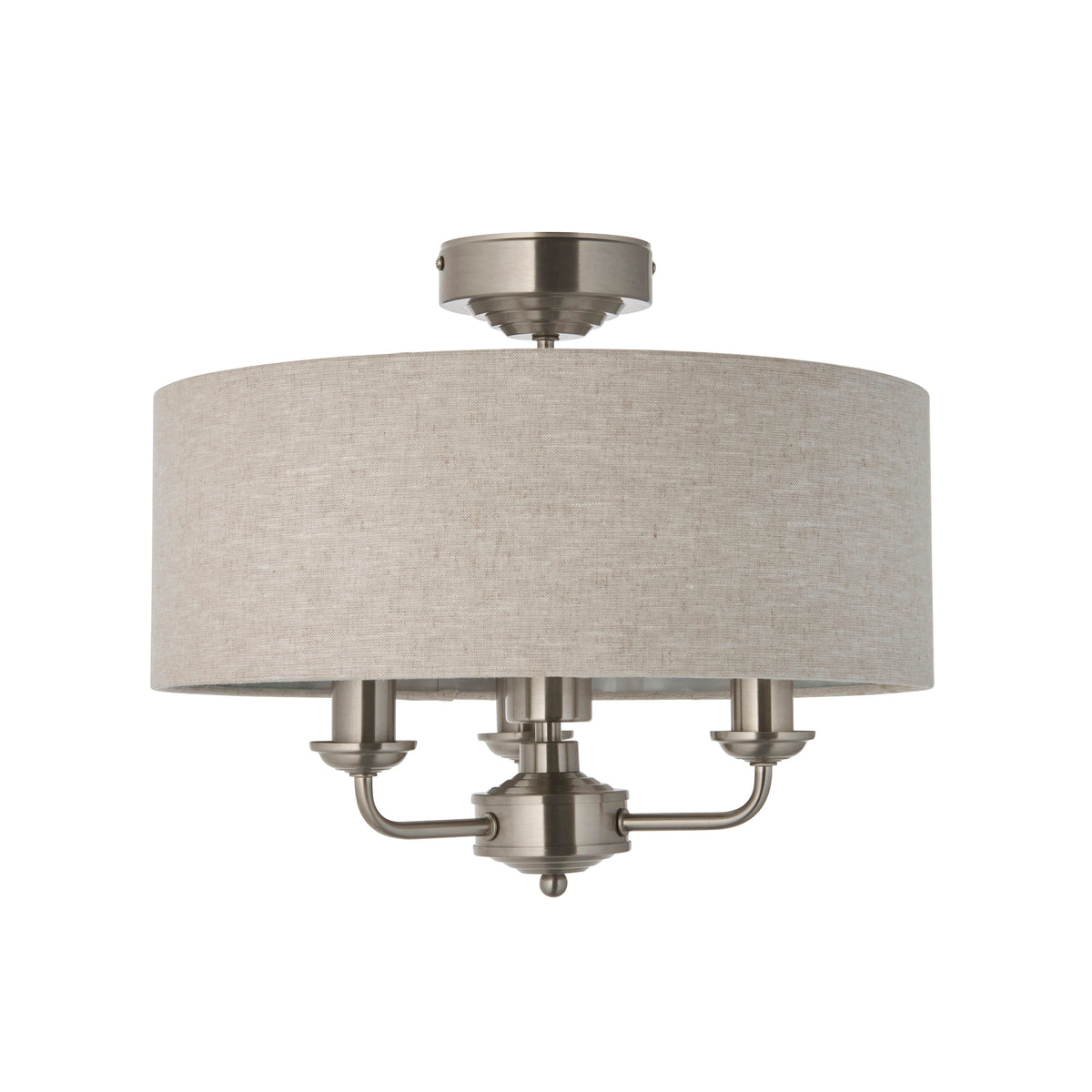 Endon Highclere 3 Light Flush - Brushed Chrome Plate & Natural Fabric