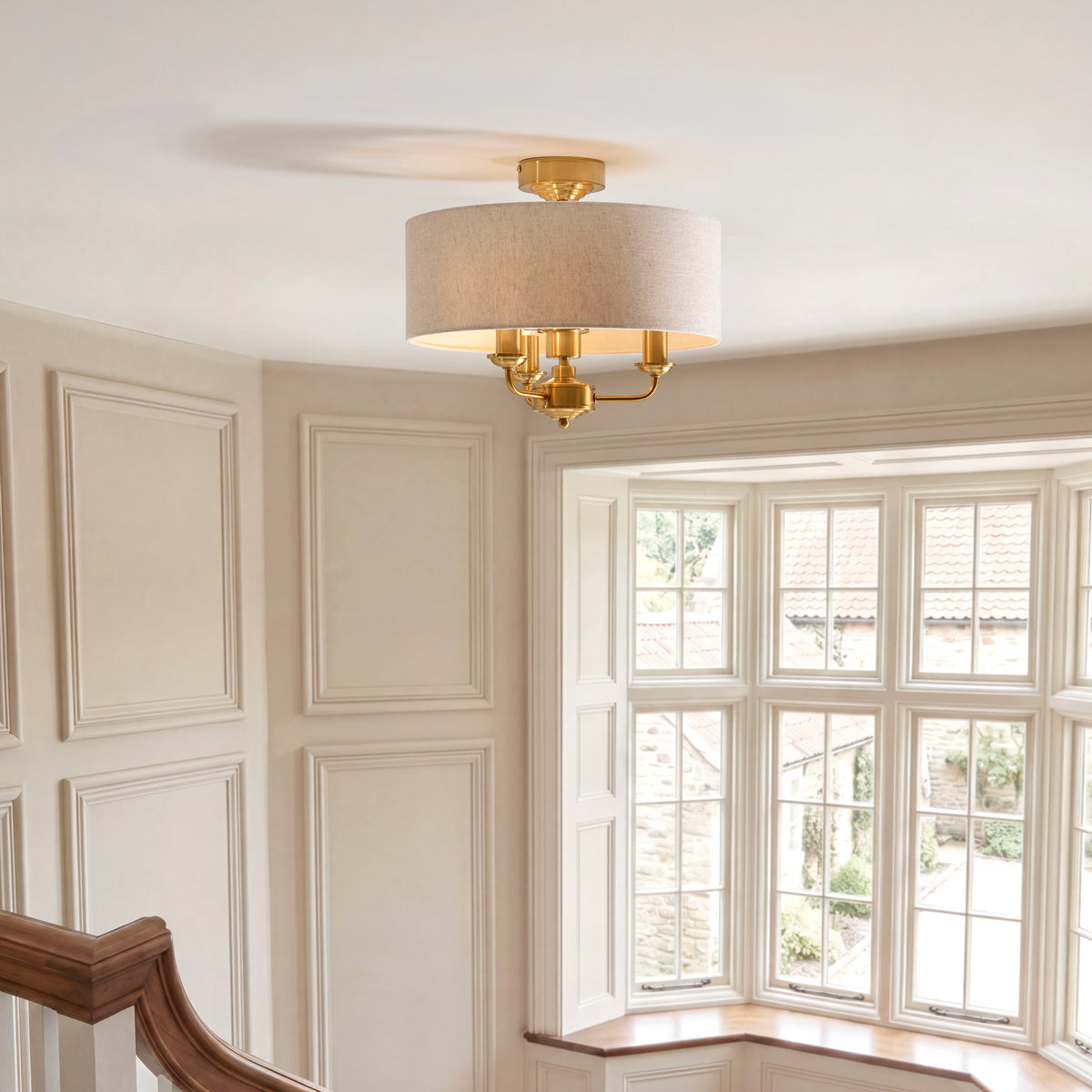 Endon Highclere 3 Light Flush - Vintage Brass & Natural Linen