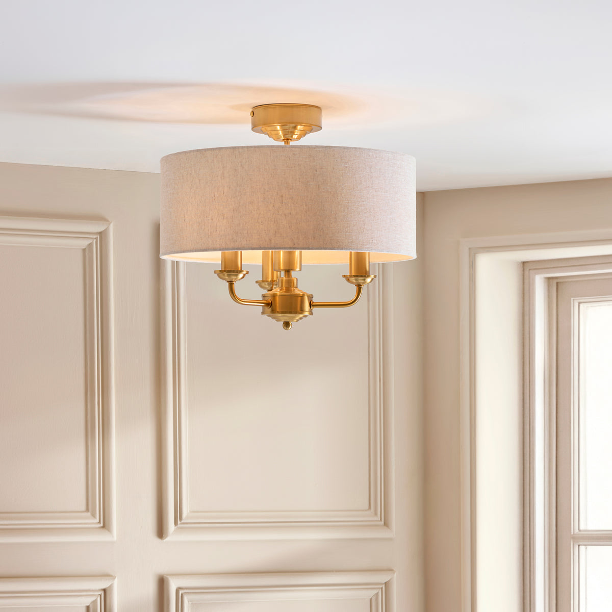 Endon Highclere 3 Light Flush - Vintage Brass & Natural Linen