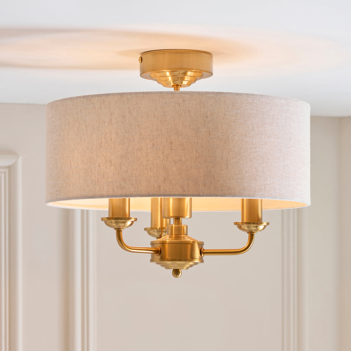 Endon Highclere 3 Light Flush - Vintage Brass & Natural Linen