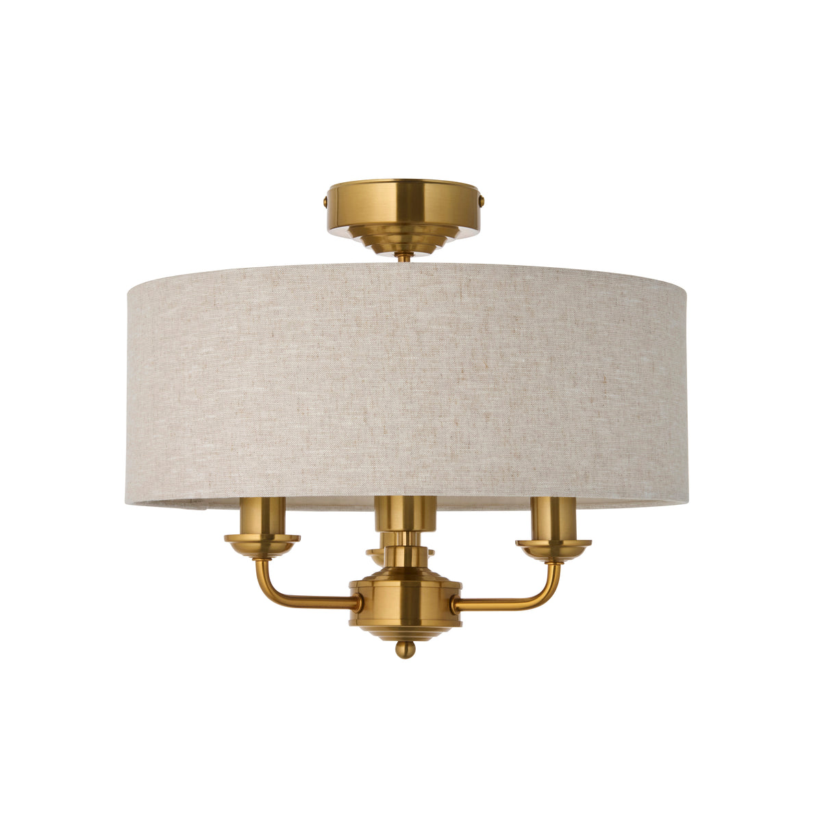 Endon Highclere 3 Light Flush - Vintage Brass & Natural Linen