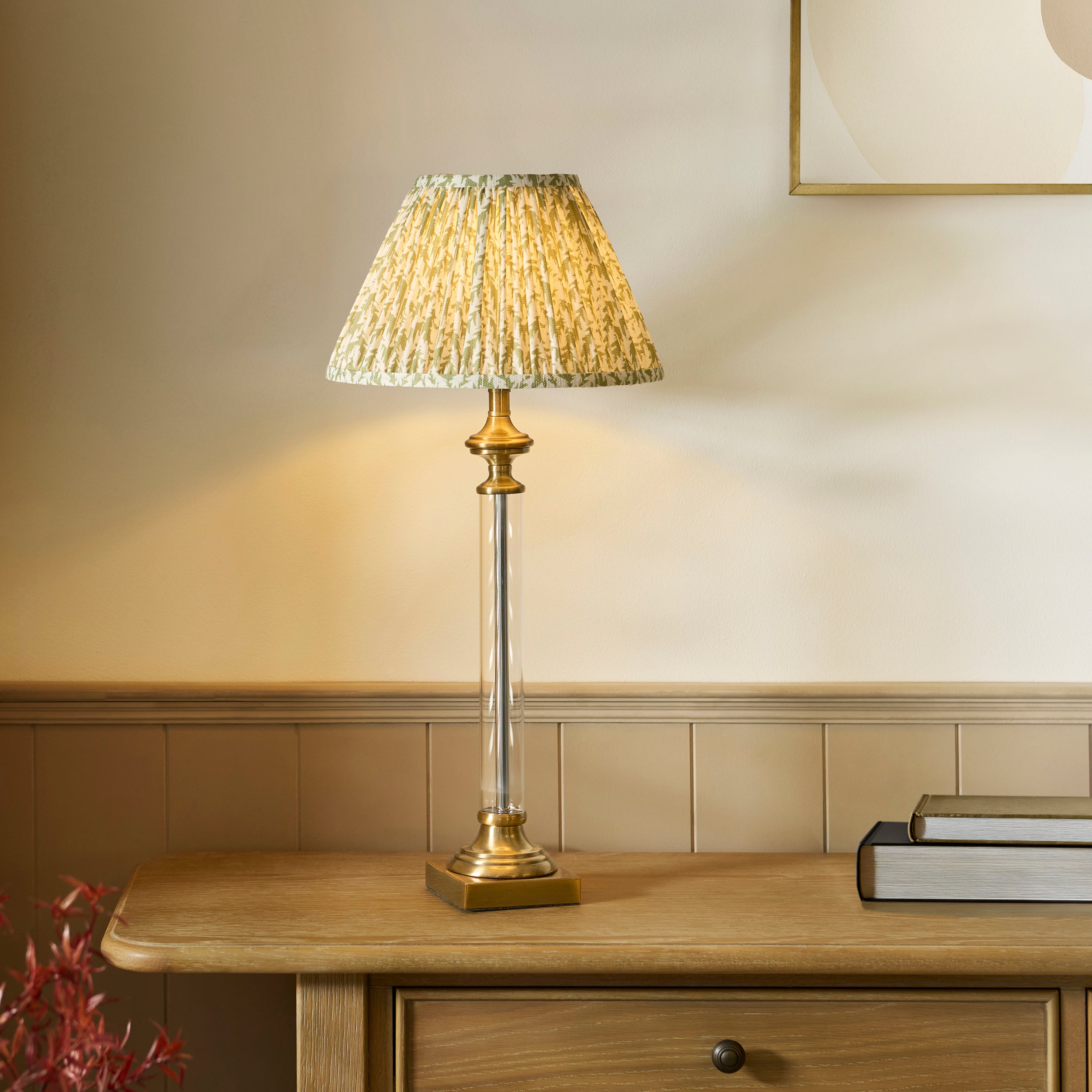 Endon Avebury & Leaf 30cm Table Lamp - Antique Brass Plate & Herb Garden Green Fabric Shade