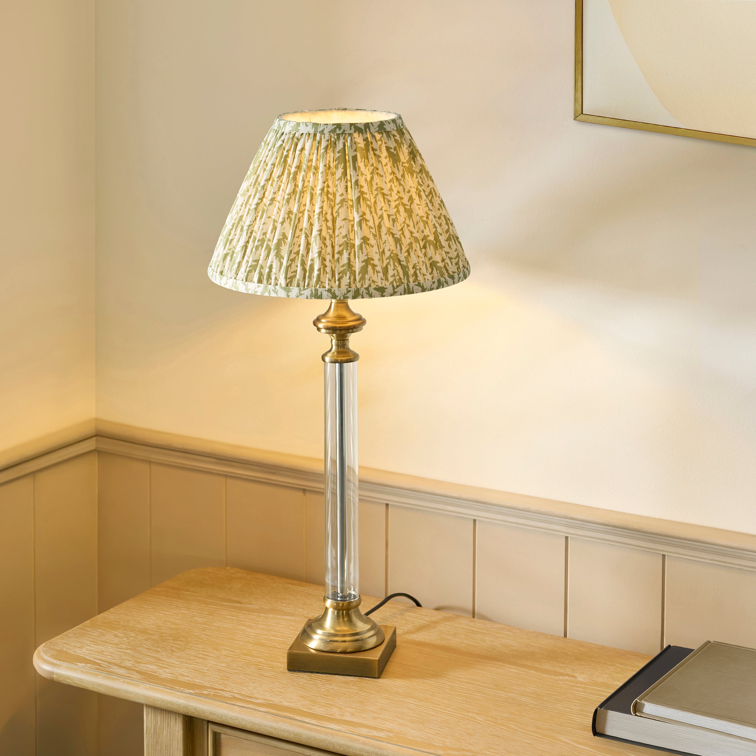 Endon Avebury & Leaf 30cm Table Lamp - Antique Brass Plate & Herb Garden Green Fabric Shade