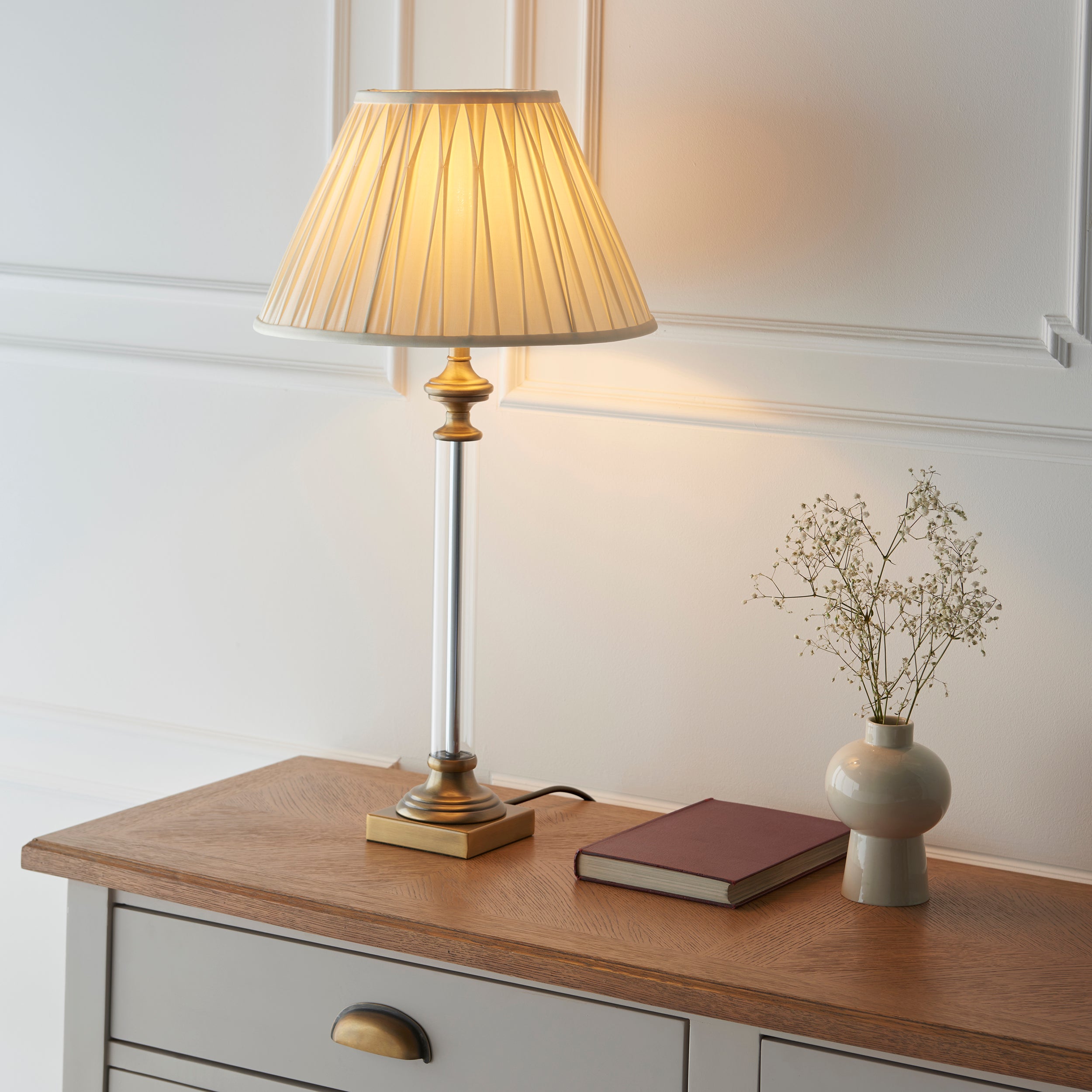 Endon Avebury & Leaf 30cm Table Lamp - Antique Brass Plate & Herb Garden Green Fabric Shade