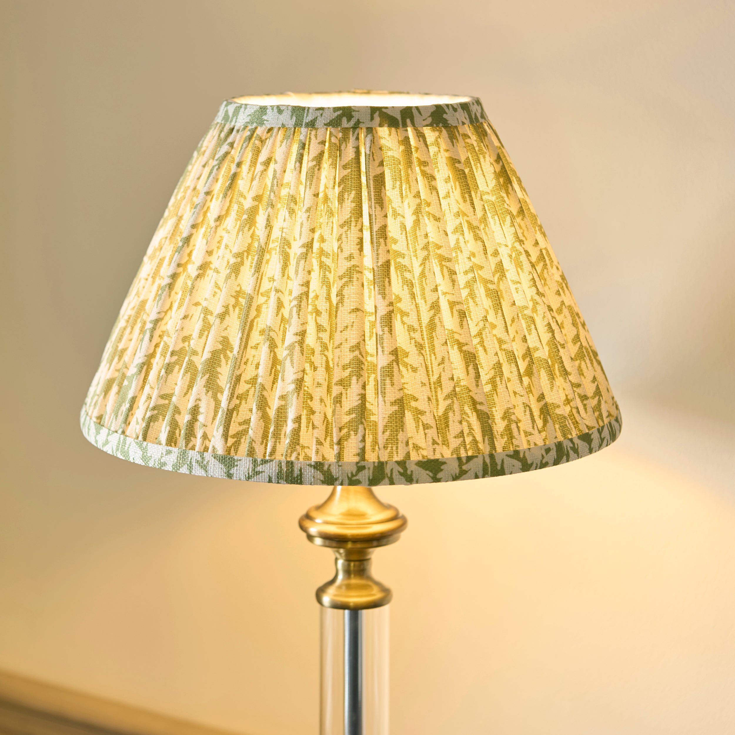 Endon Avebury & Leaf 30cm Table Lamp - Antique Brass Plate & Herb Garden Green Fabric Shade
