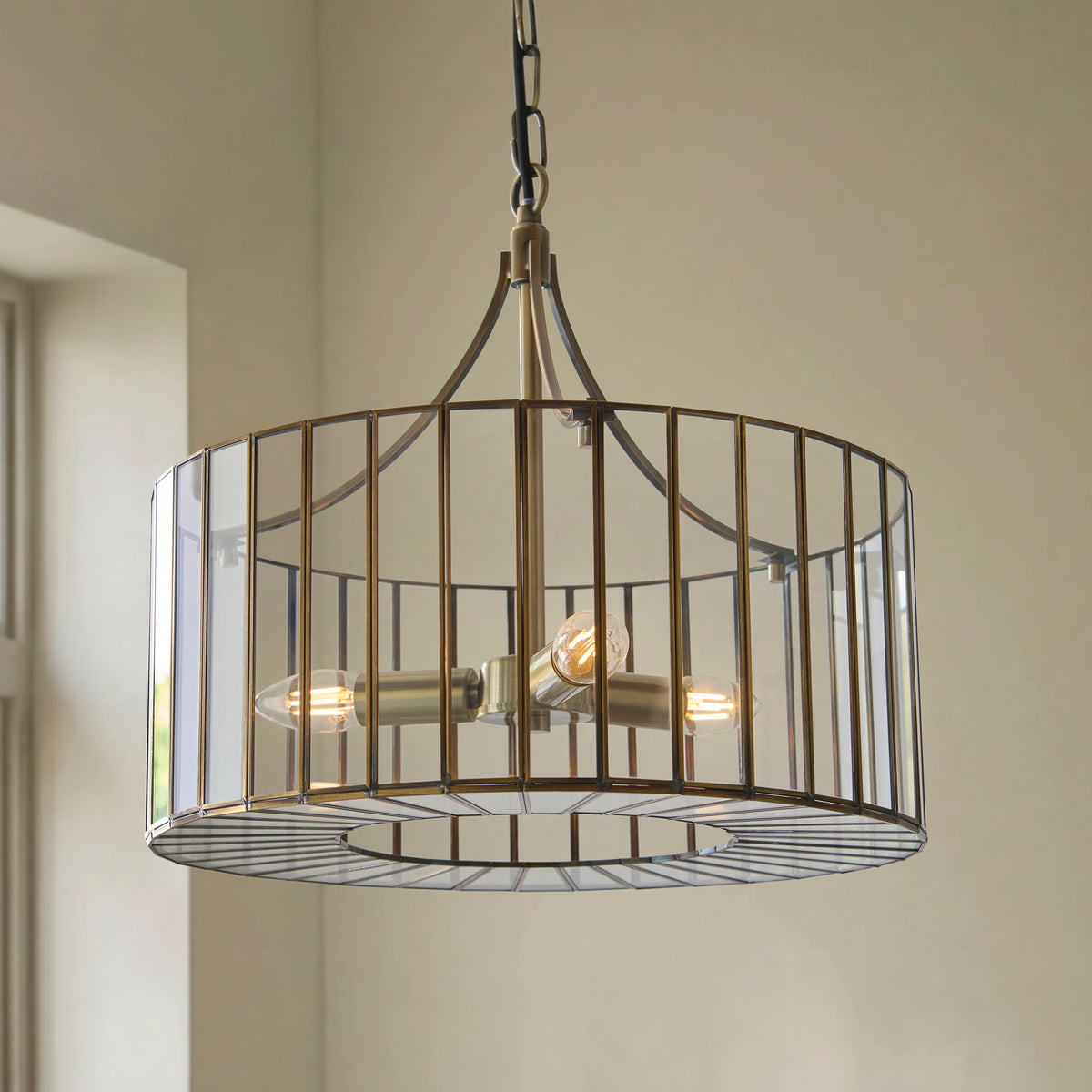 Endon Antalya 3 Light Pendant - Antique Solid Brass & Clear Glass
