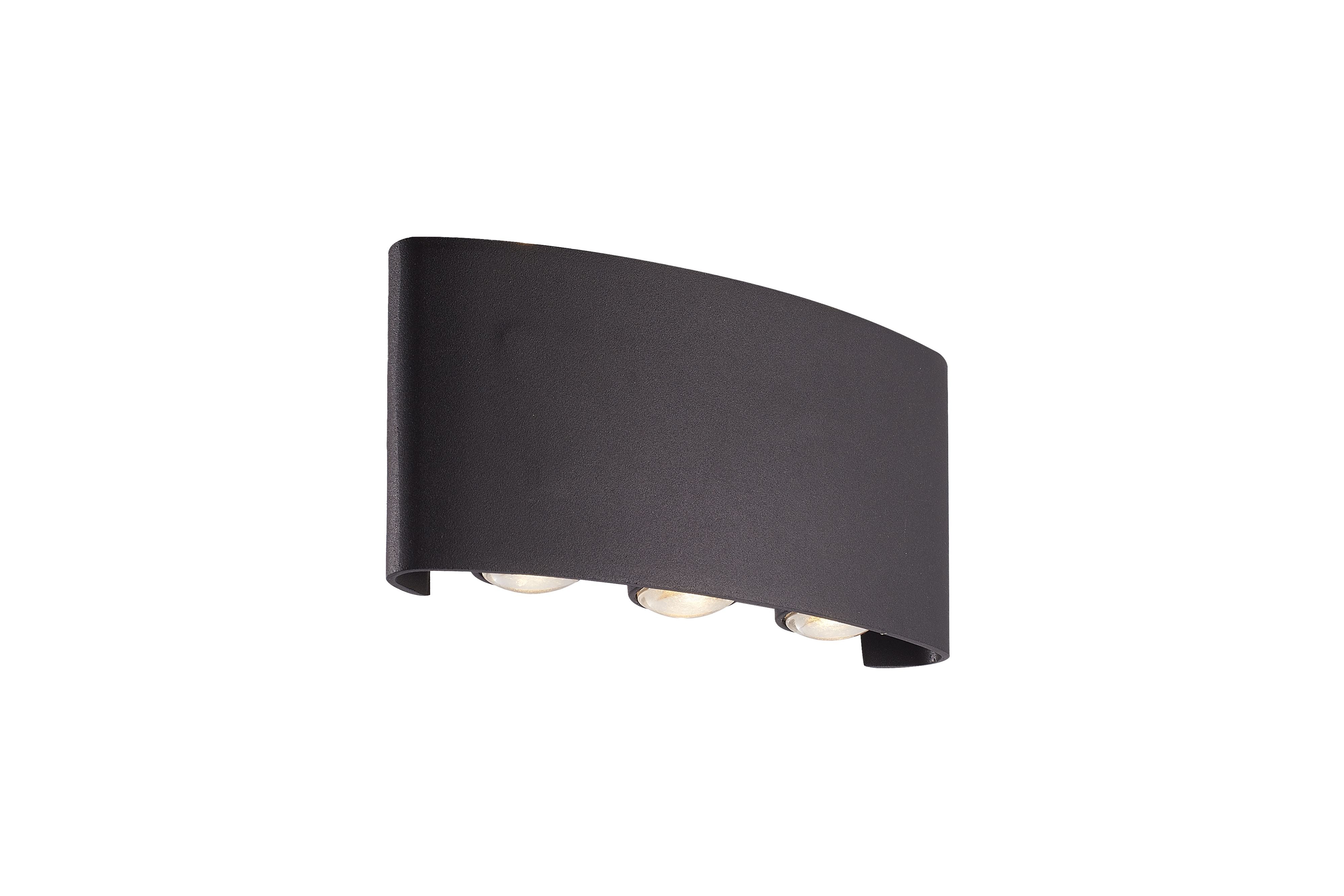 Searchlight Shadows LED outdoor wall light 18cm in black aluminium, angled studio shot showing the curved body and three integrated LED lens apertures at the base