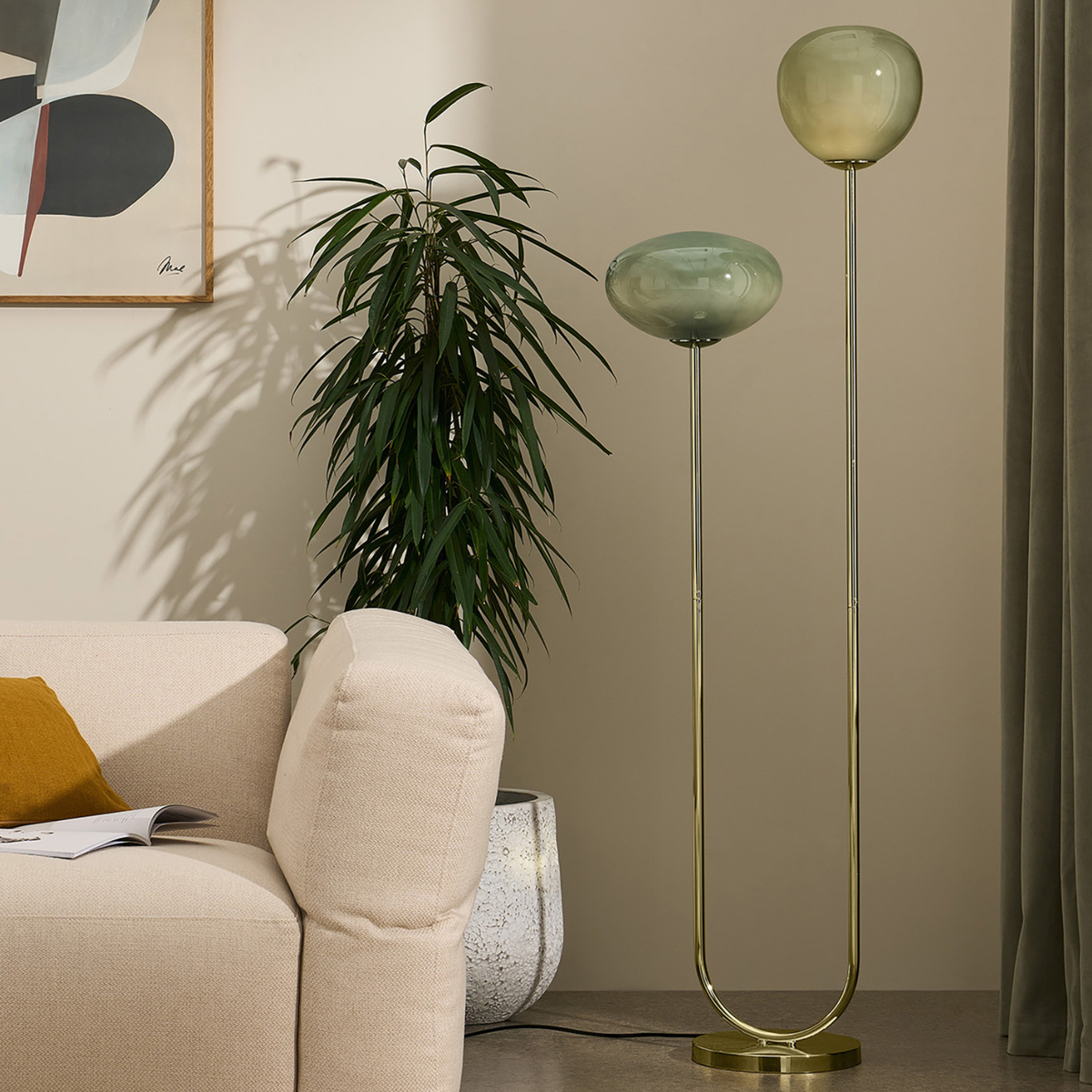 MADE.COM Adrianne Floor Lamp in Polished Brass with Tinted Green Glass Shades
