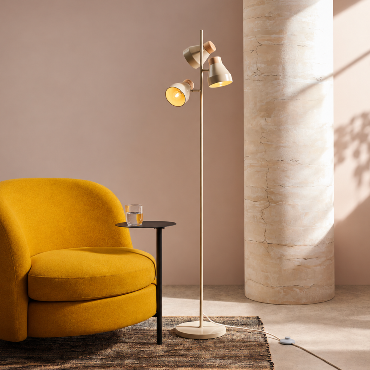 MADE.COM Albert Floor Lamp in Cream with Natural Wood Detail