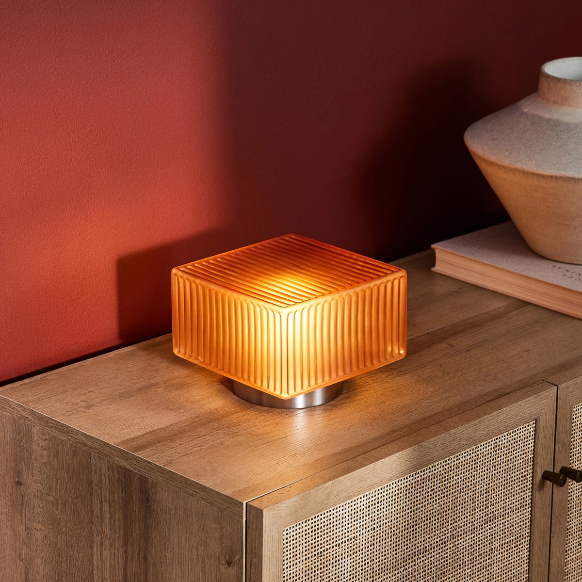 MADE.COM Alma Table Lamp in Brushed Silver with Ribbed Amber Glass Shade