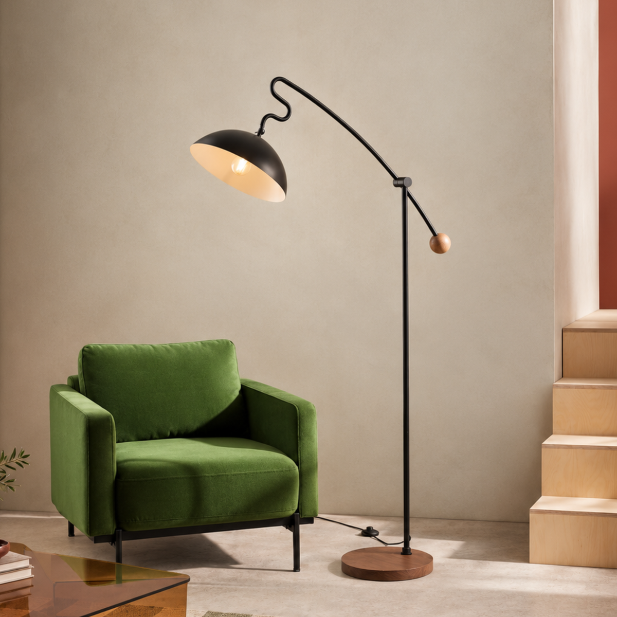 MADE.COM Avery Floor Lamp in Matt Black with Dark Stained Wood Base
