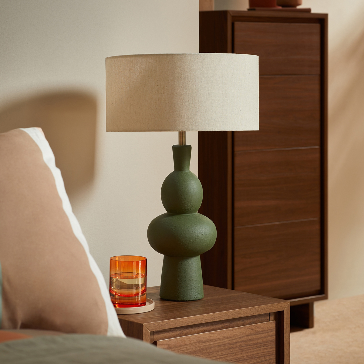 MADE.COM Freyja Ceramic Table Lamp in Green with Cream Fabric Shade