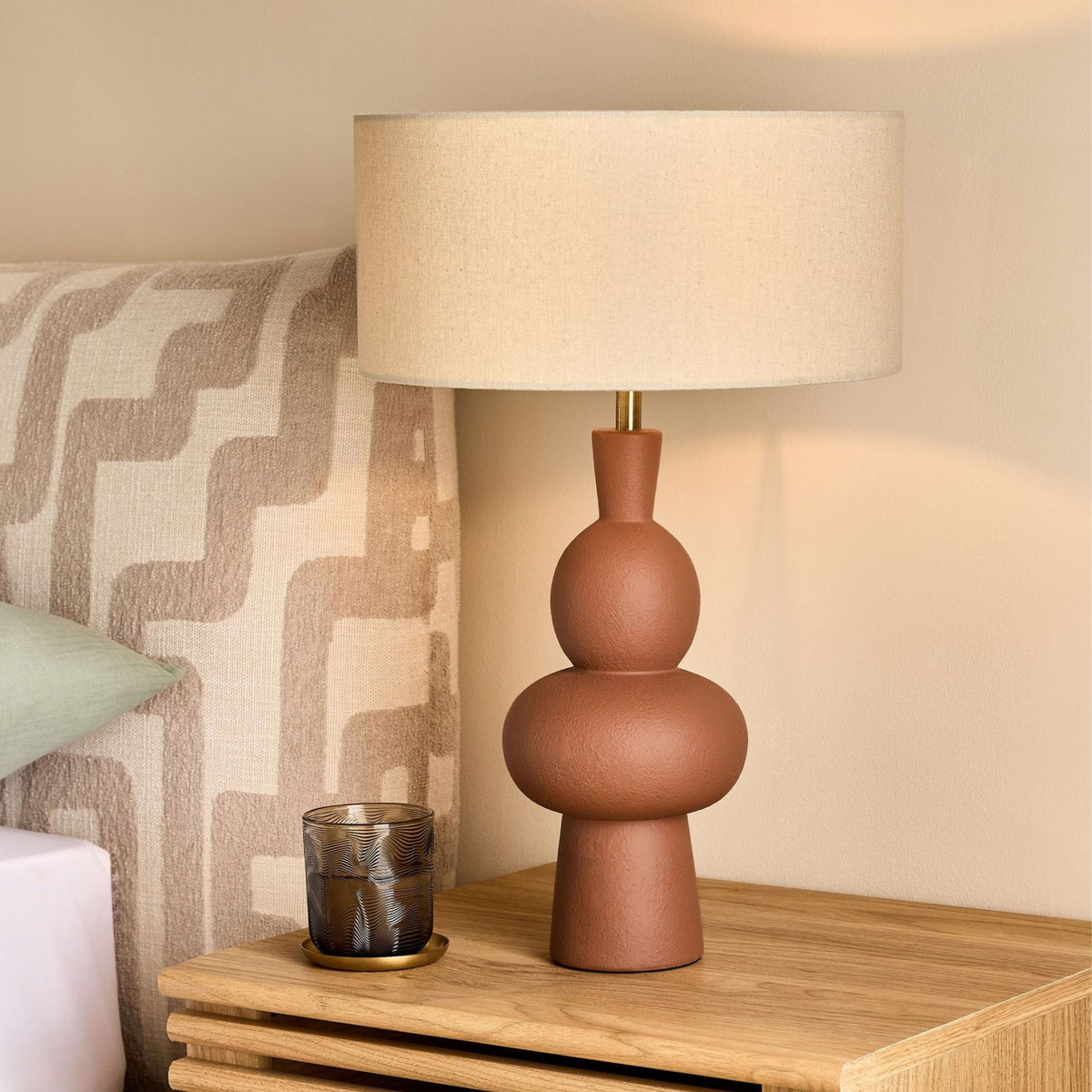 MADE.COM Freyja Ceramic Table Lamp in Brown with Cream Fabric Shade