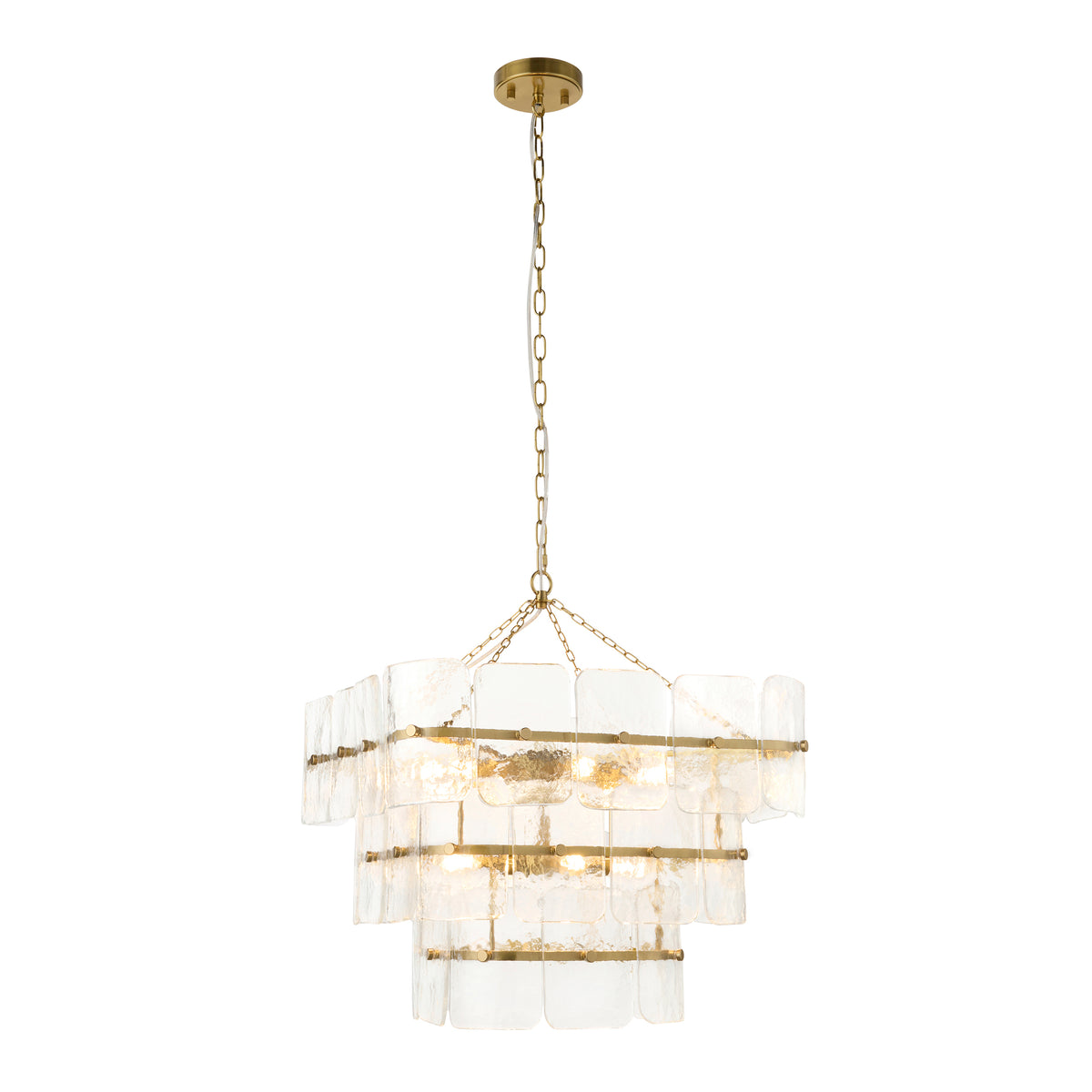 Endon Venice 10 Light Pendant - Brushed Aged Brass Plate & Clear Handmade Textured Glass