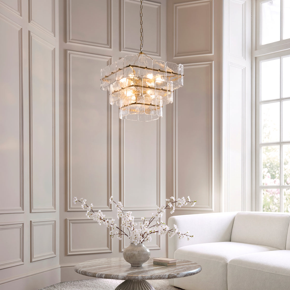 Endon Venice 10 Light Pendant - Brushed Aged Brass Plate & Clear Handmade Textured Glass