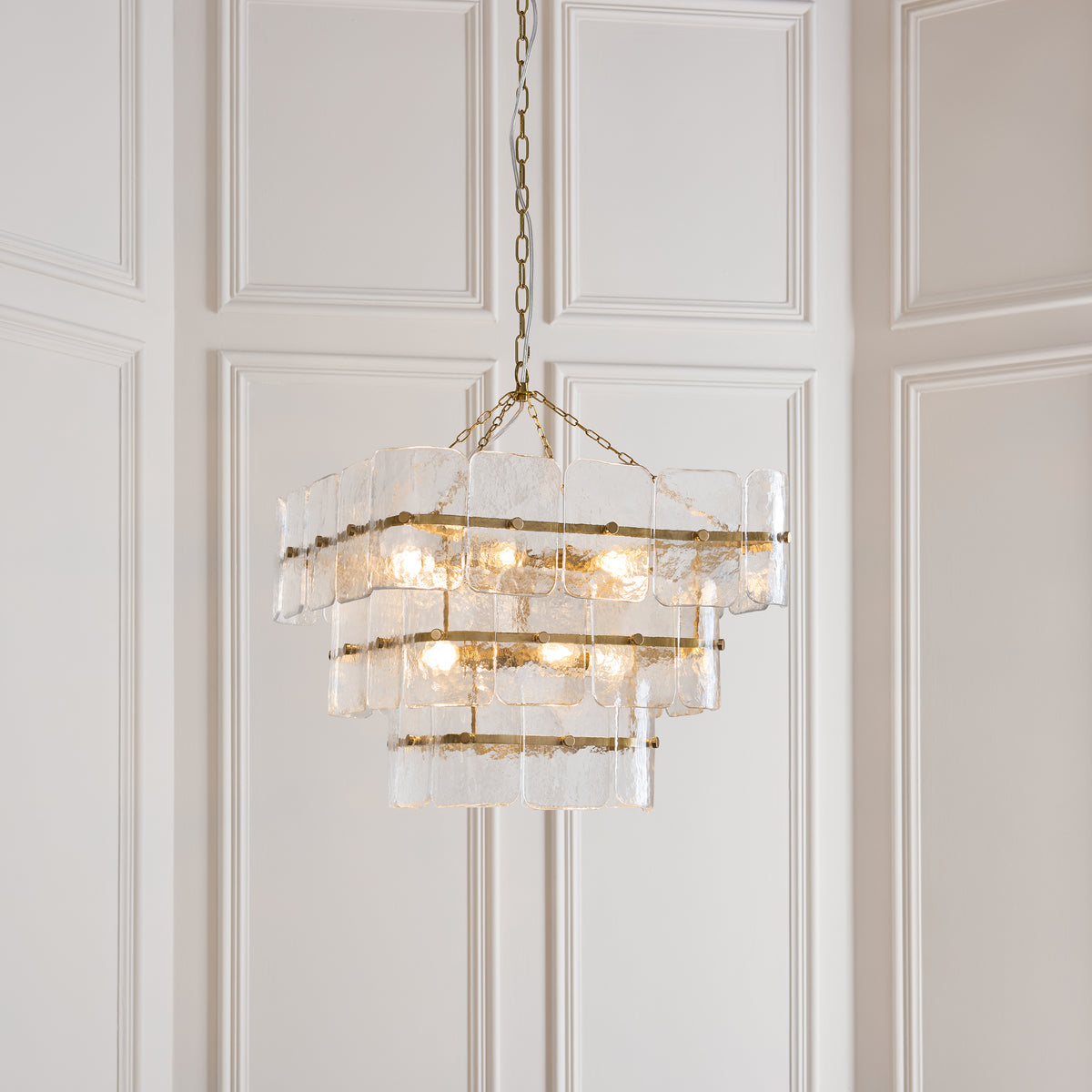 Endon Venice 10 Light Pendant - Brushed Aged Brass Plate & Clear Handmade Textured Glass