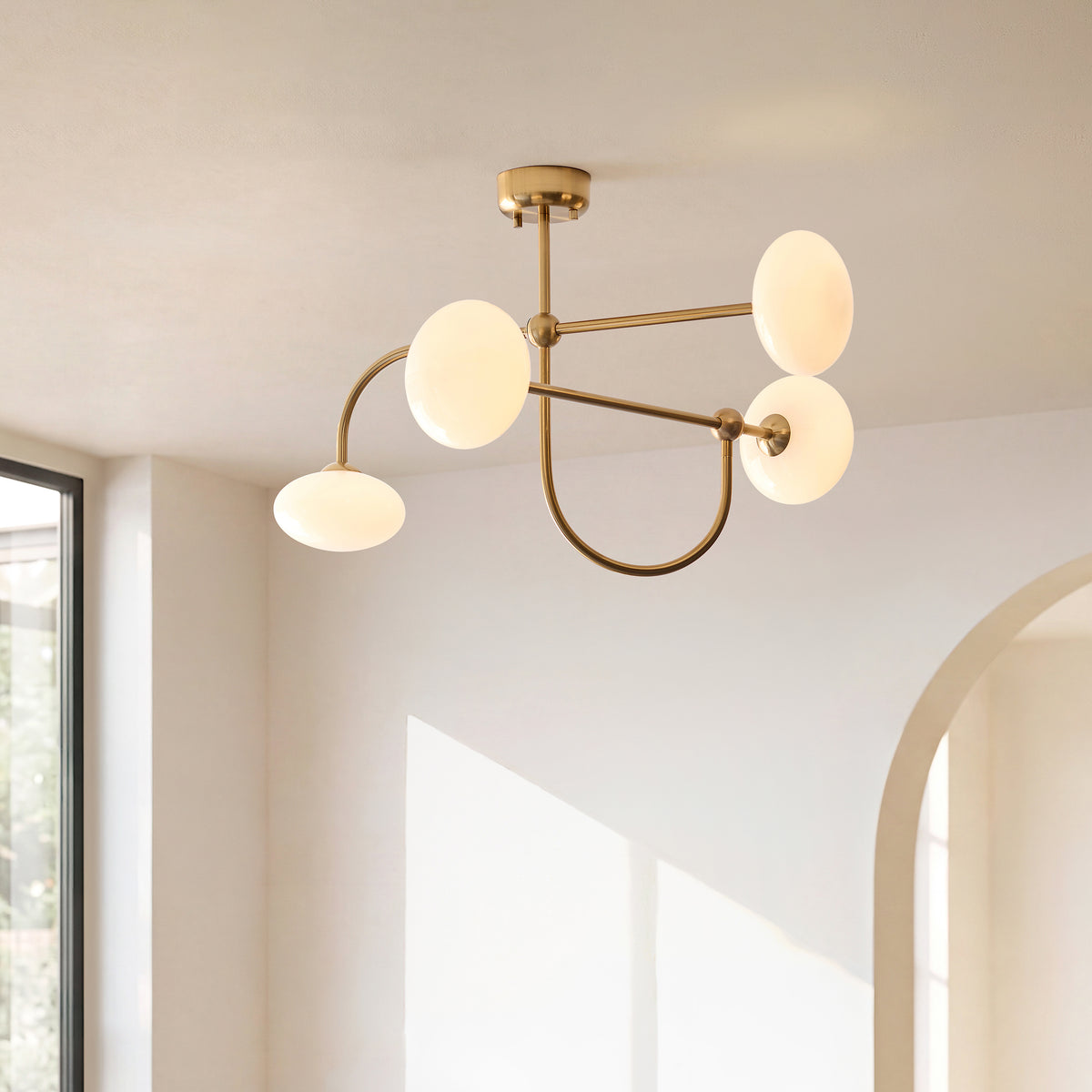Endon Ottowa 4 Light Semi Flush - Brushed Aged Brass Plate & Opal Glass